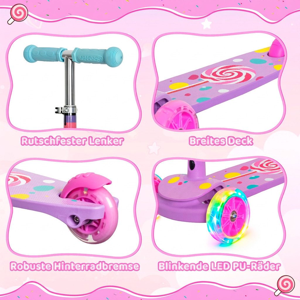 Nattork Scooter dreirädriger Kinderroller ab 3–6 Jahren mit blinkenden LED-Rädern, (1 tlg), Höhenverstellbarer Kinderscooter für Mädchen und Jungen – Bild 5 von 5