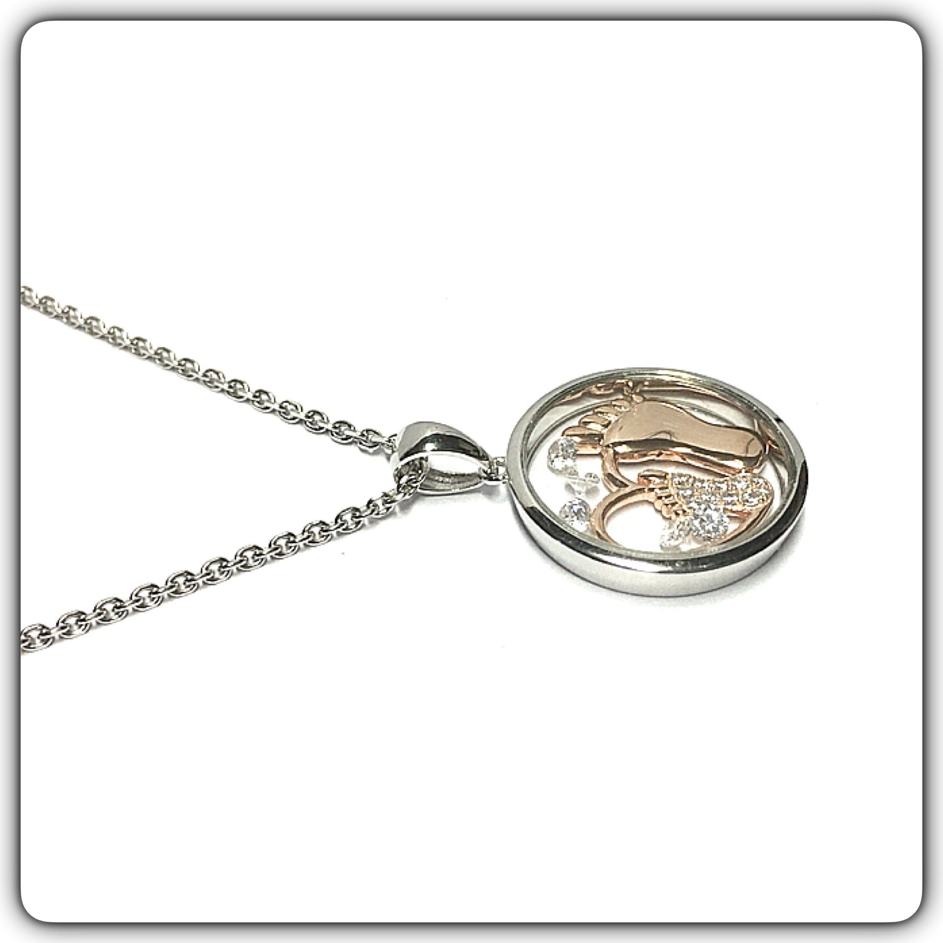 Edelschmiede925 Kettenanhänger Edelschmiede925 Babyfüße unter Glas in 925 Silber bicolor mit Zirk