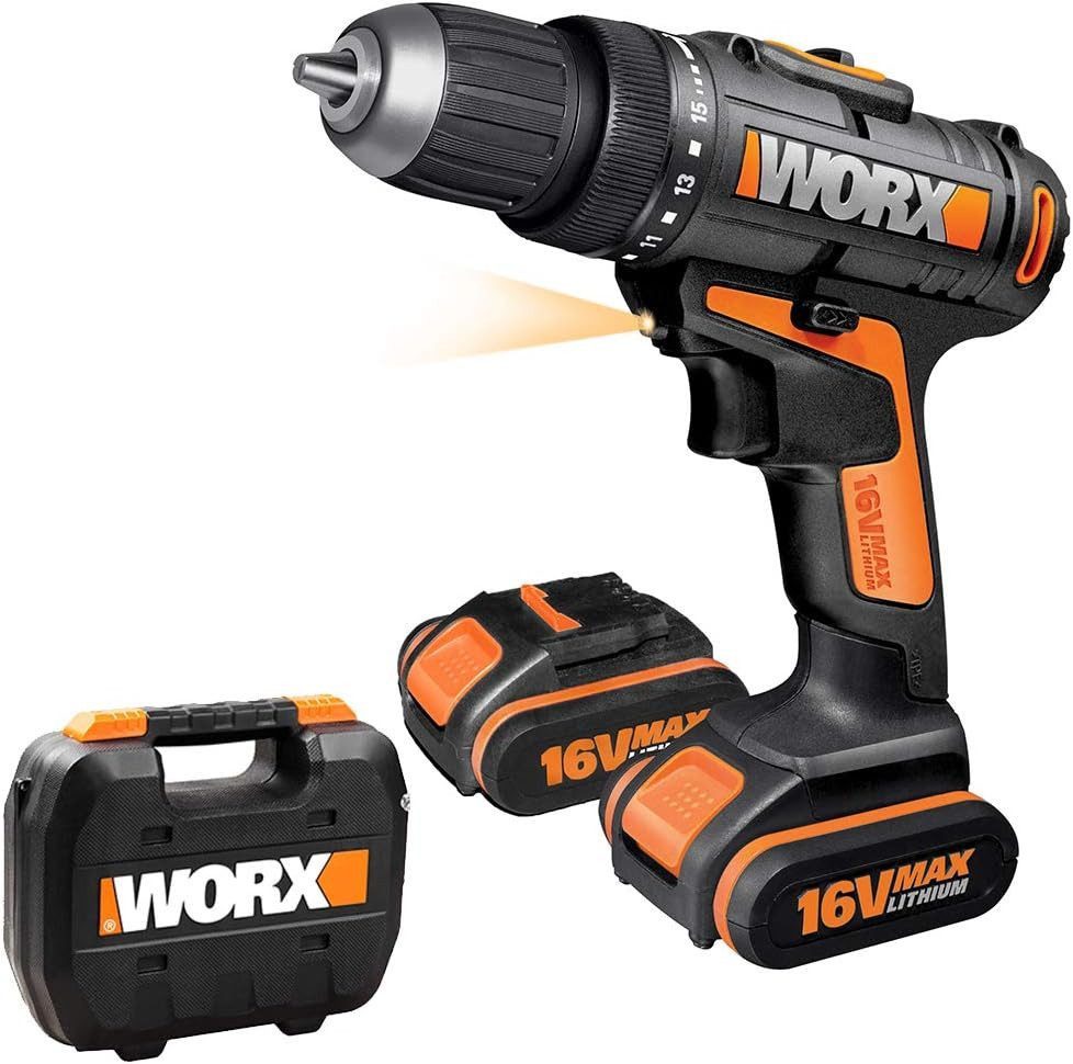 Worx Akku-Bohrmaschine WX152.1 Bohrmaschine mit 2 Li-Ion Akkus 16V Akkuschrauber 30Nm Schwarz, 16 V, (1-tlg), 2 mechanische, einstellbare Geschwindigkeiten