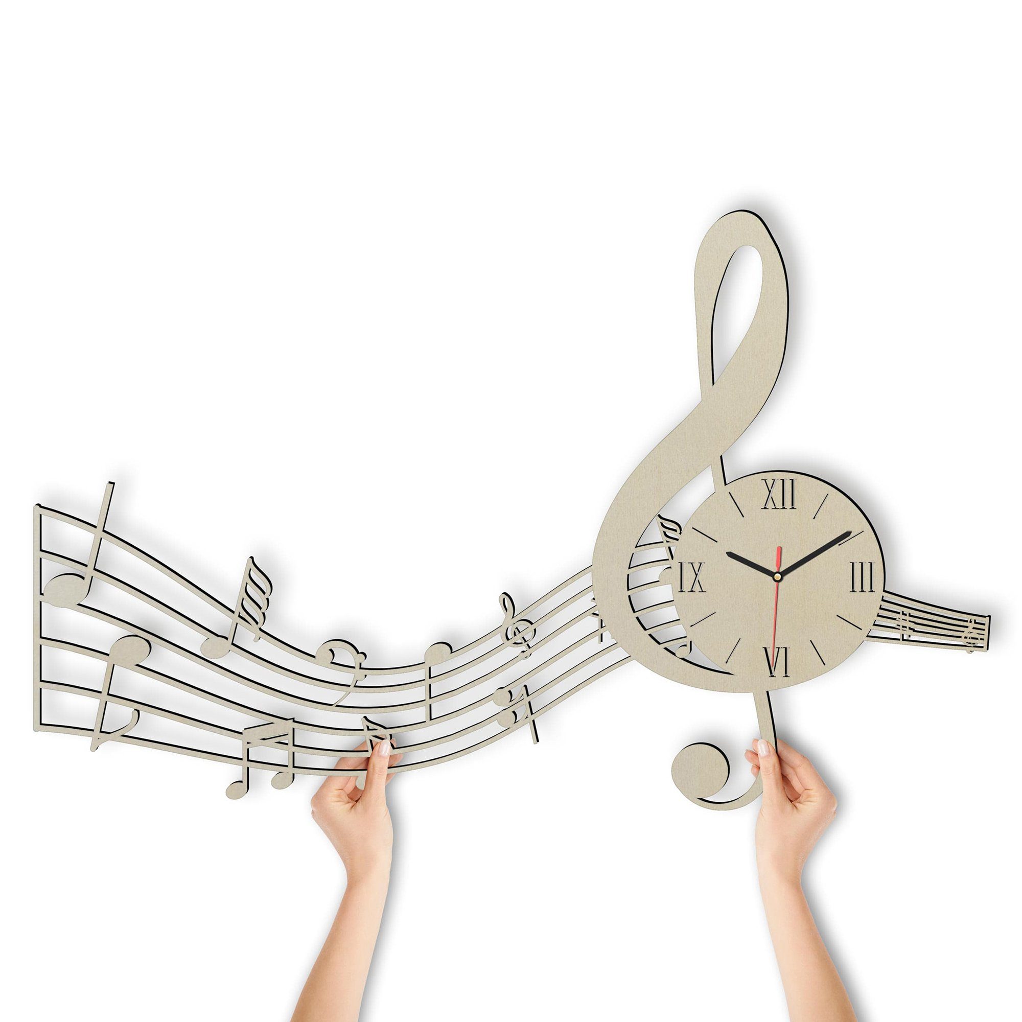 Namofactur Wanduhr (Notenschlüssel) Geschenke aus Musiknoten I Wanduhr Wohnzimmer I Musik Unbehandelt Musiker Holz
