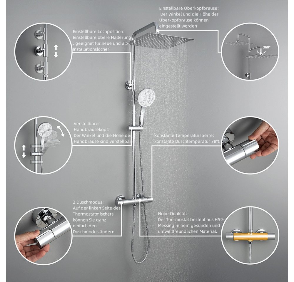 Thumbnail - DERW MAX Duschsystem Thermostat-Duschsäule, Verbrühschutz-Design, schwarz/chrom, Höhe 124 cm, 2 Strahlart(en), PPSU-Ther...