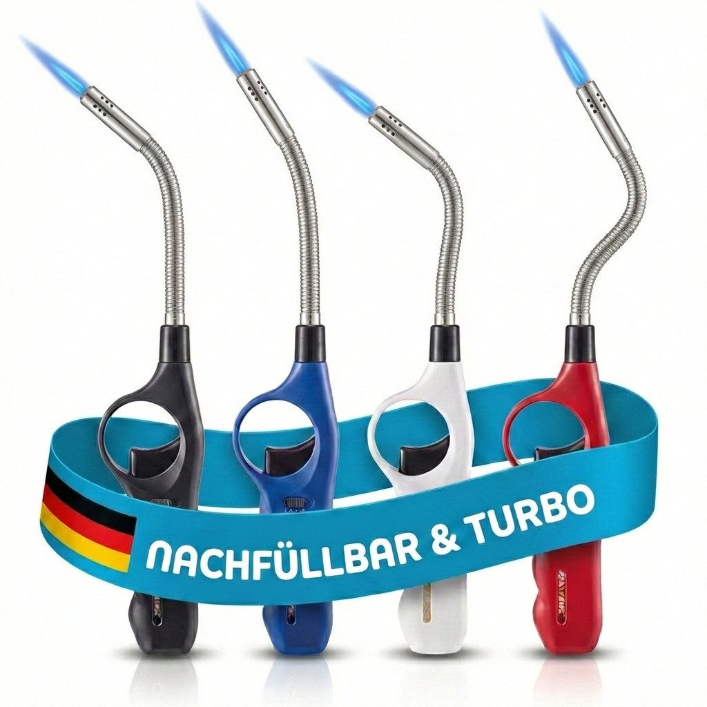 TOM Feuerzeuge 4 x Stabfeuerzeug Nachfüllbar Sturmfeuerzeug Flexibler Stab (4-St), 29 cm - Turbo Flamme - Gas-Füllstandsanzeige