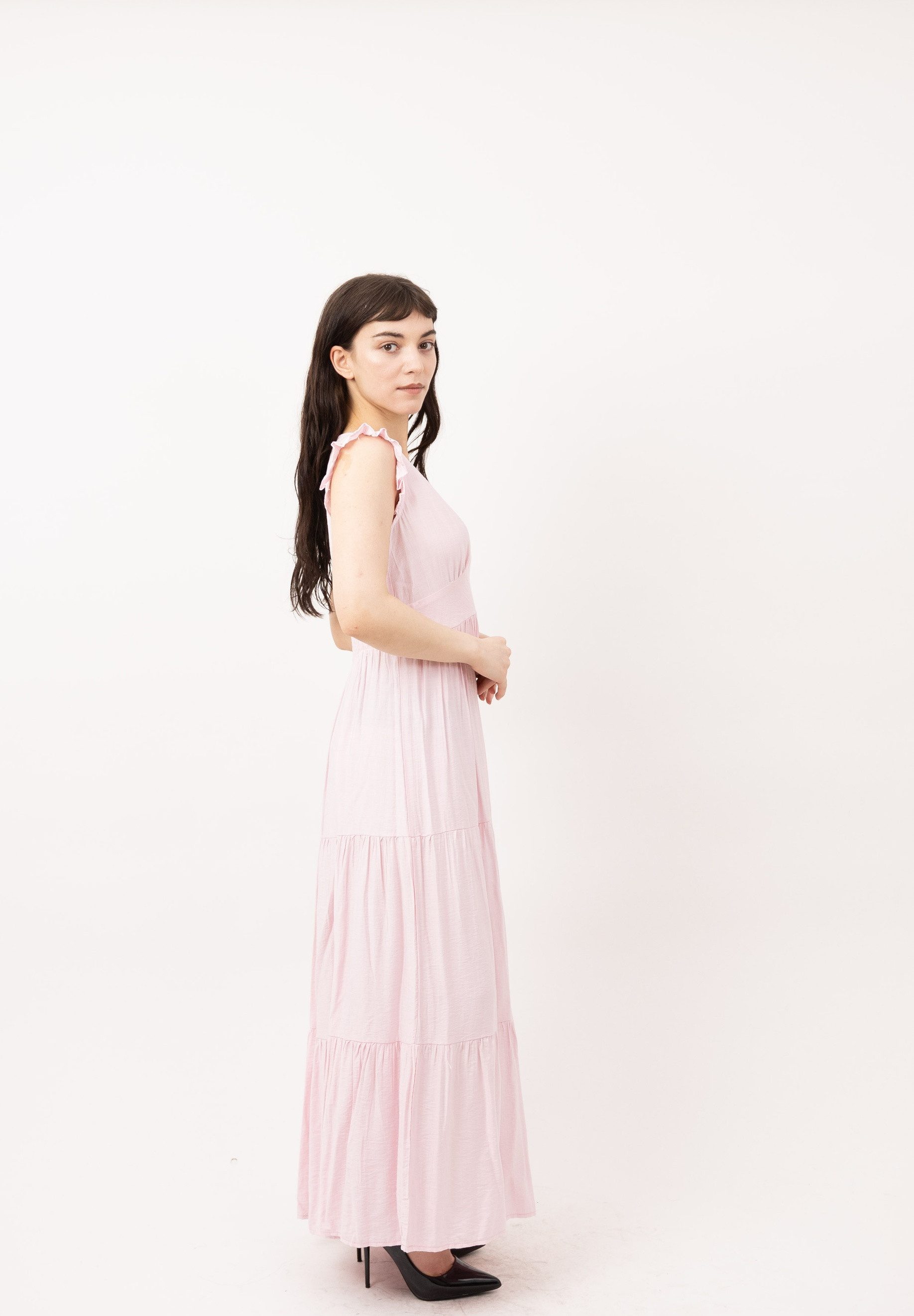 Elara Maxikleid Damen Sommerkleid mit V-Ausschnitt, Volants und gesmokter Taille (1-tlg)