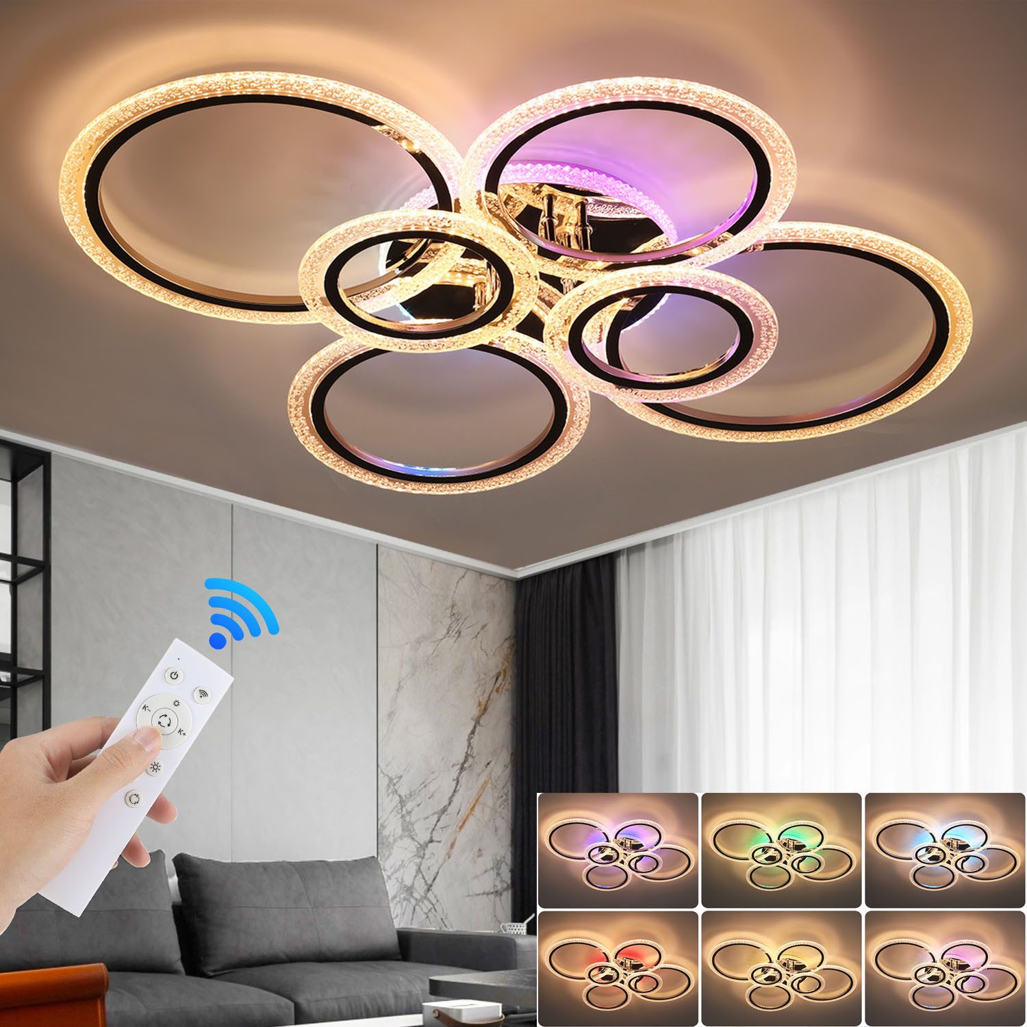 oyajia Deckenleuchte 46W LED Deckenlampe RGB Farbwechsel, Modern 6 Flammig Ringoptik Design, LED fest integriert, Kristall-Lichteffekt Deckenleuchte für Wohnzimmer Schlafzimmer Hotel