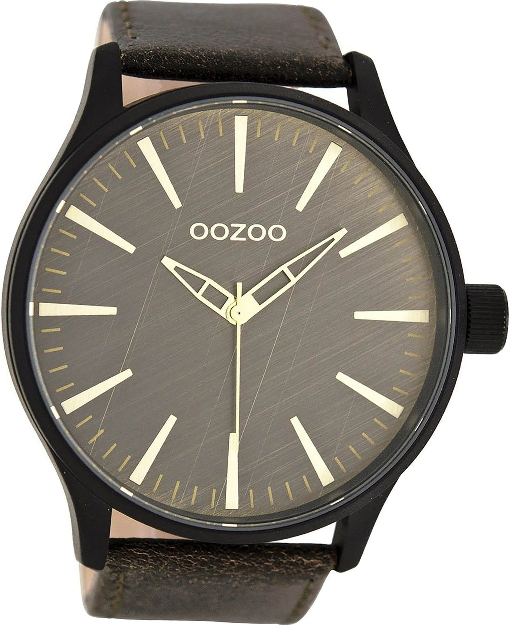 OOZOO Quarzuhr Oozoo Quarzuhr Herren schwarz Timepieces, Herrenuhr Lederarmband braun, rundes Gehäuse, extra groß (ca. 50mm)