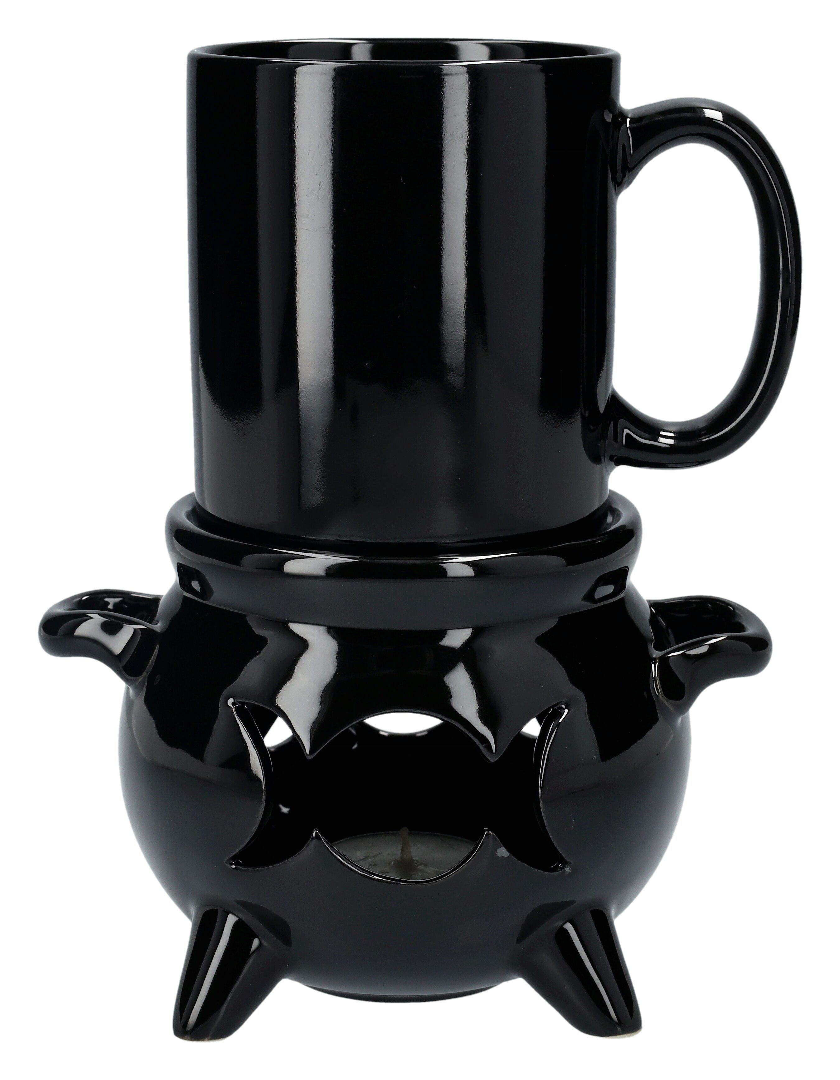 Figuren Shop GmbH Tasse Tasse mit Stövchen - Hexenkessel - Dreifach-Mond - Alchemy England, Fine Bone China
