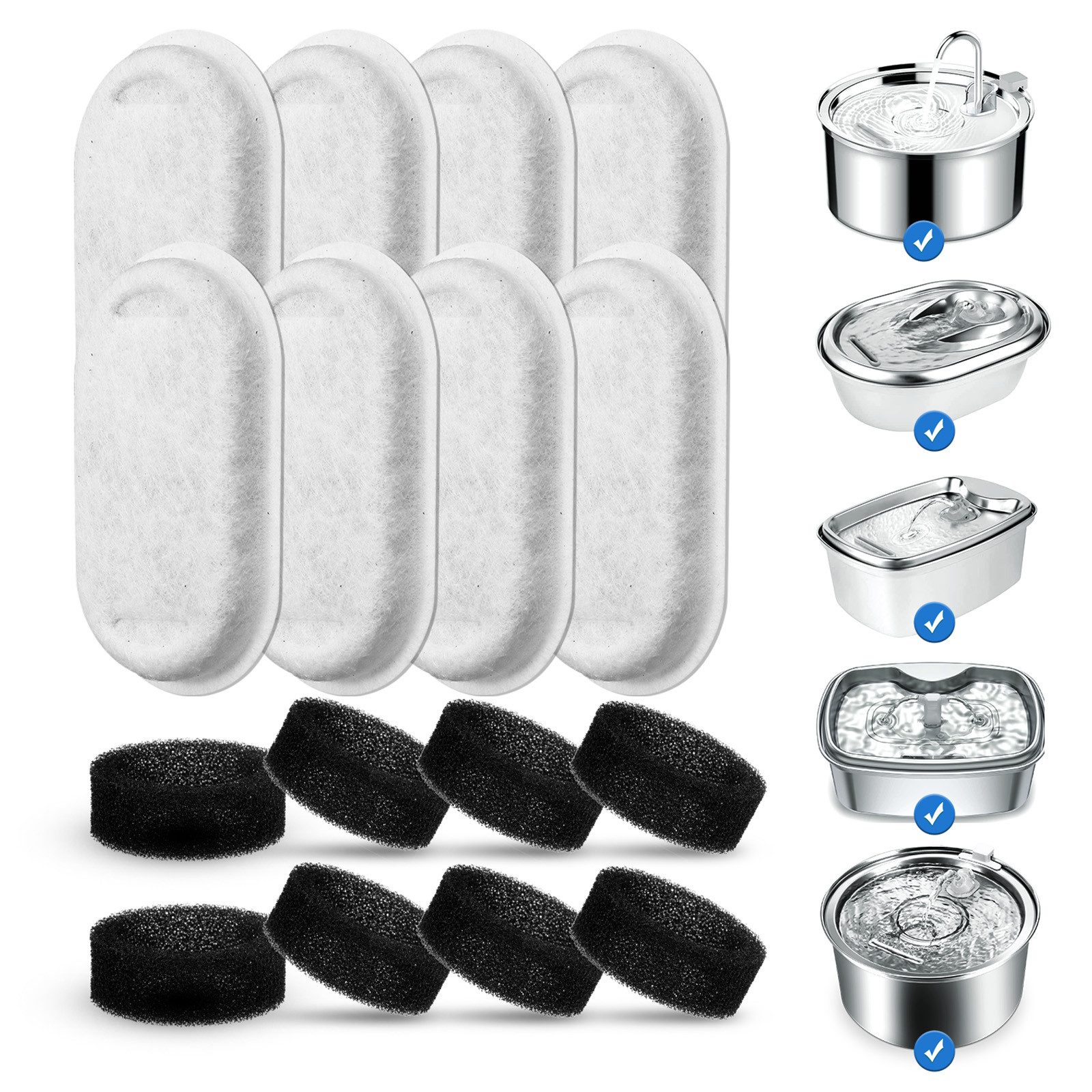 BlingBin Ersatzfilter Katzenbrunnen Filter für 3.2L und 2L Edelstahl Trinkbrunnen Katzen, Zubehör für 108 Unzen/3,2 l und 67 Unzen/2L Edelstahlkatze Trinkheizung, 8 Stück Kohlefilter und 8 Stück Schaumfilter