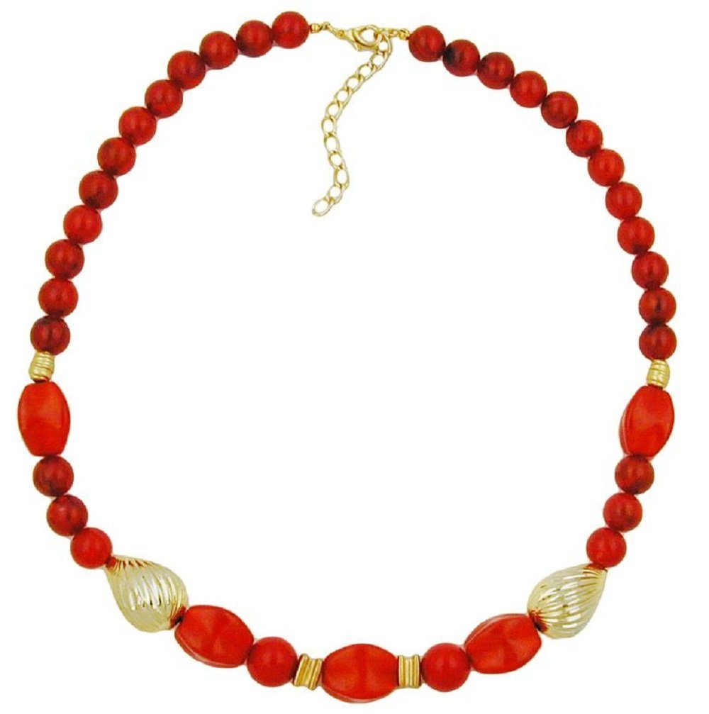 unbespielt Collier Kette mit Kunststoffperlen rot-marmoriert und goldfarben 50 cm, Modeschmuck für Damen