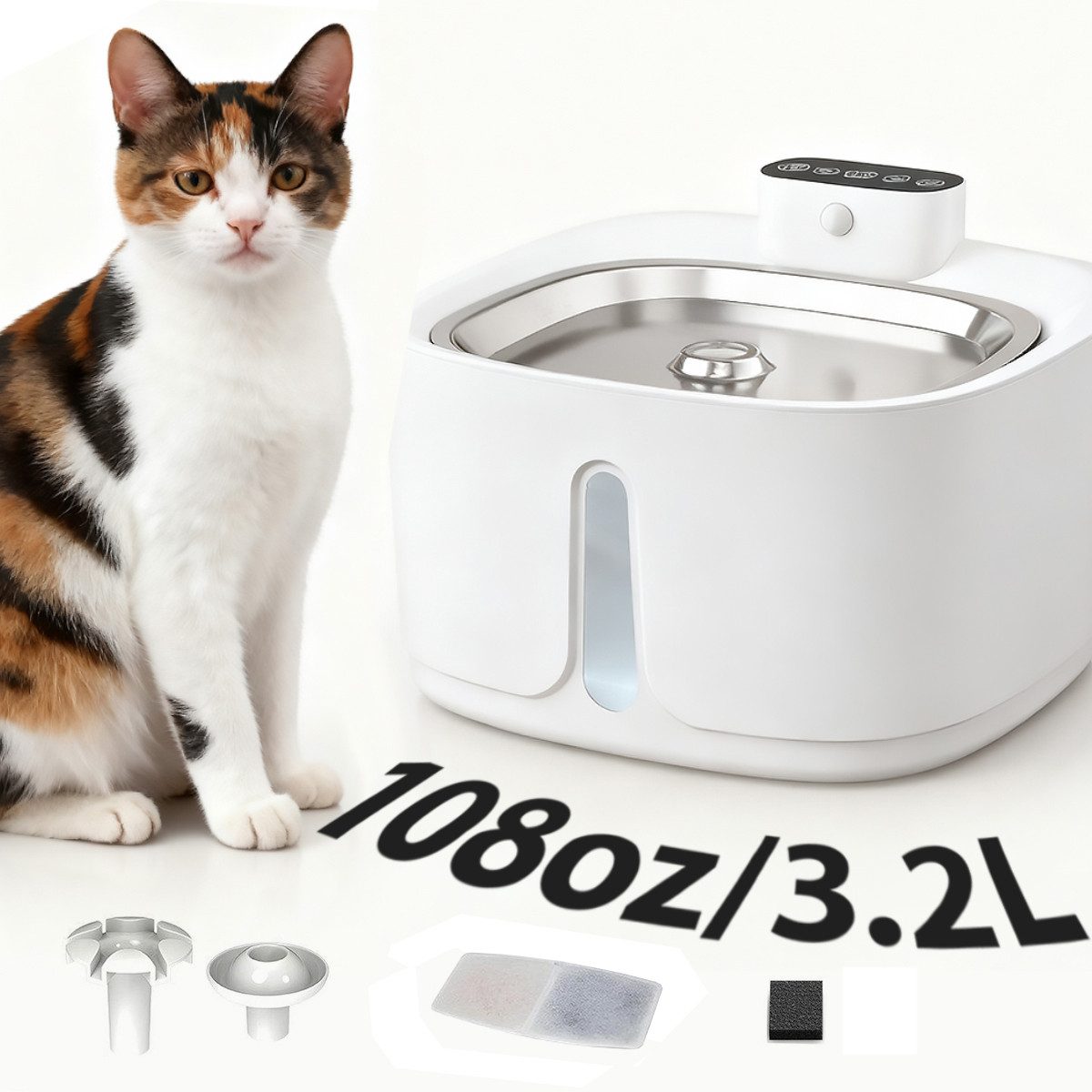 Fine Life Pro Trinkbrunnen für Katze und Hund - SUS304 Edelstahl Kabellos mit Sensor, Stumm 3.2 l, Wiederaufladbar, inklusive 3 Ersatzdüsen und 1 Filterkartusche.