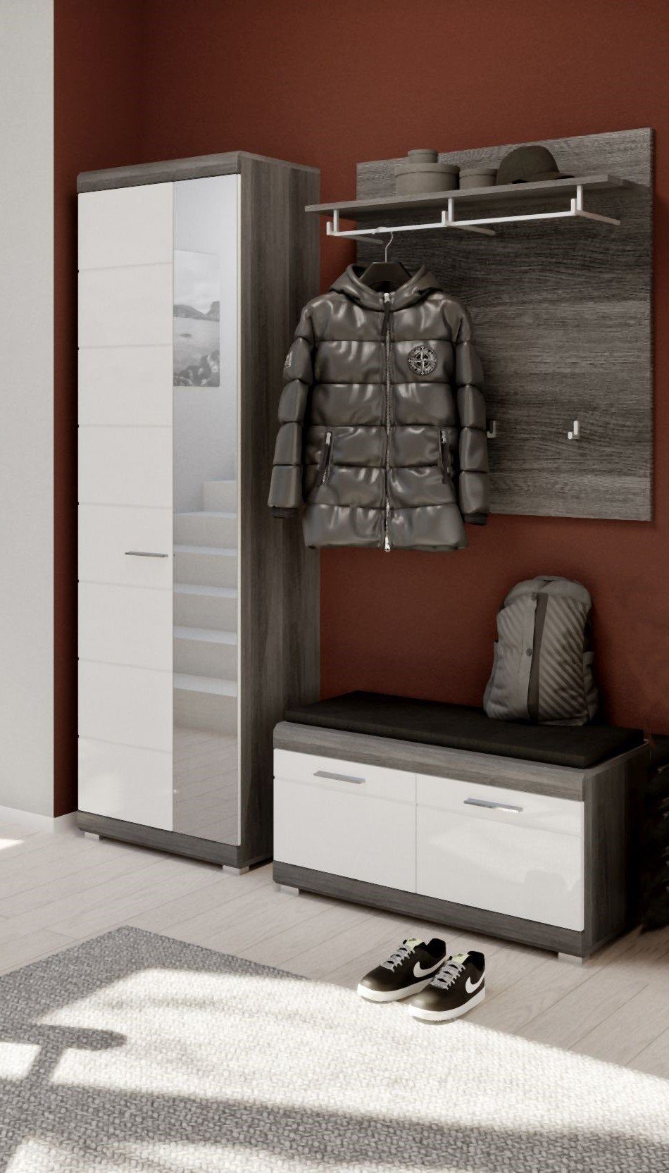 xonox.home Garderoben-Set Garderobenmöbel-Set SCOUT 3-teilig - weiß Hochglanz/Rauchsilber Dekor, (Spar-Set, 3-St., Garderobenschrank, Garderobenpaneel, Sitzbank)