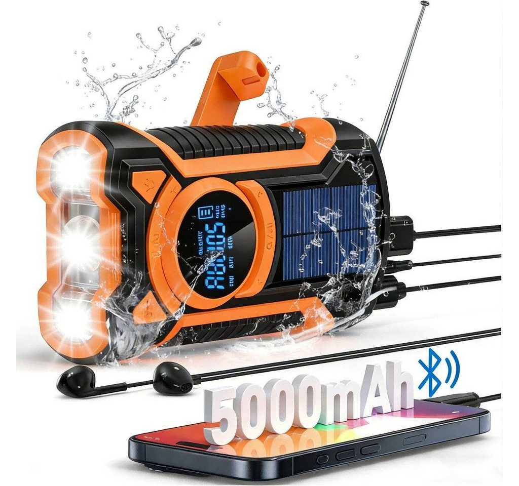 ibettertec Radio, Notfall-Solarradio, IP65 Wasser-/Staubdicht, Stoßfest Radio (5000 mAh Notstromakku + SOS-Alarm + NOAA-Wetterstationen Empfang, Handkurbel + Solarenergie + Bluetooth-Lautsprecher)