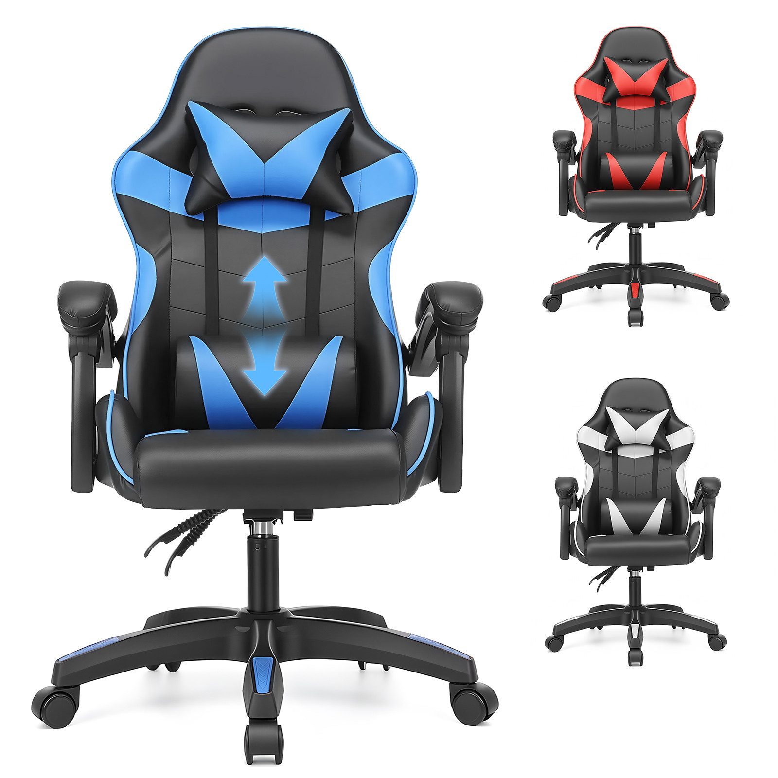 oyajia Gaming-Stuhl Gaming Stuhl, Bürostuhl Ergonomisch Wippfunktion bis zu 135° (mit Kopfstütze und Lendenkissen), Rückenlehne und Sitzfläche kippbar,Gamingstuhl mit Höhenverstellung