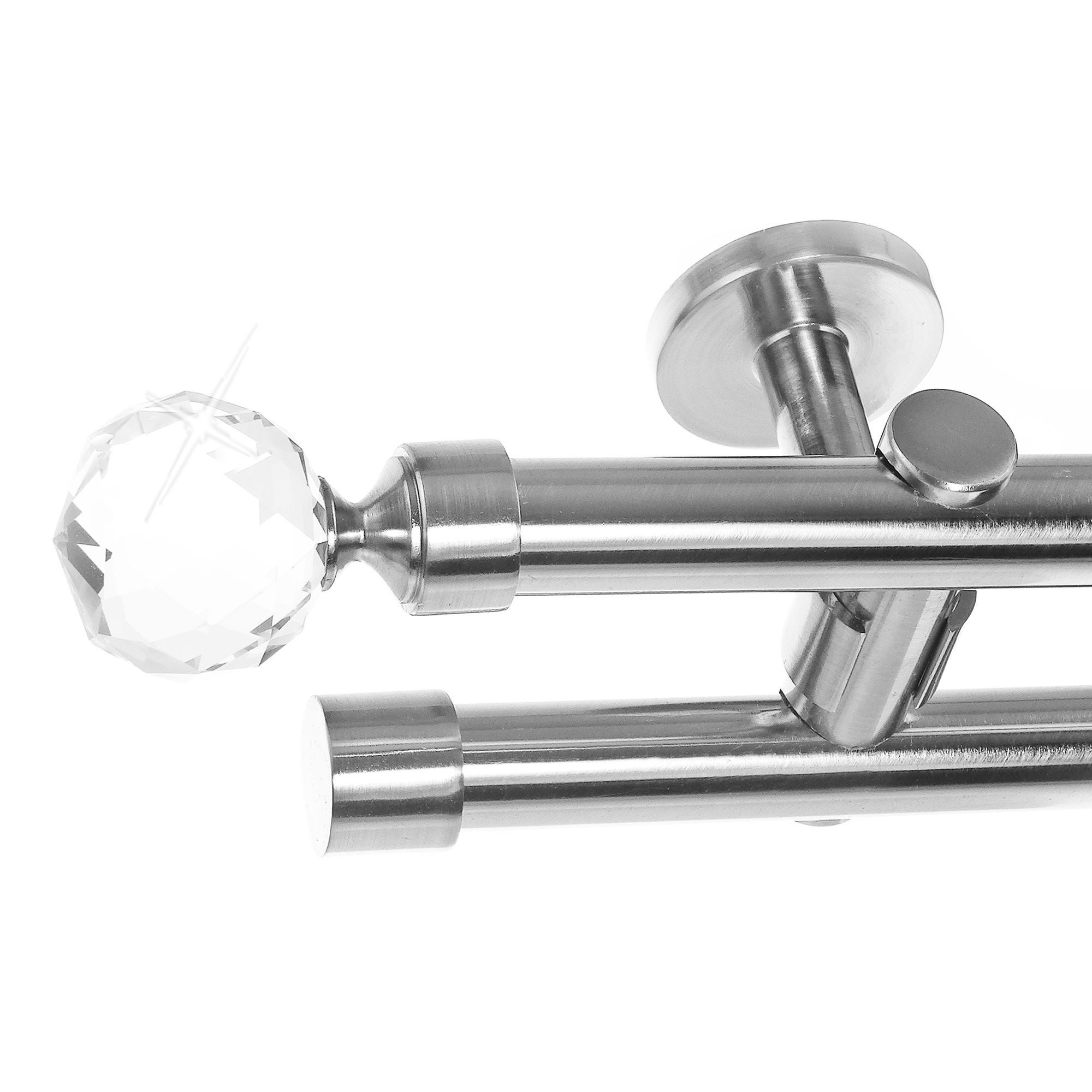 BASIT Gardinenstange Edelstahloptik 20mm mit Wandträgern 360 cm E87, Ø 20 mm, 2-läufig, verschraubt, Metall, D41 360 cm E87 Kristall Kugel