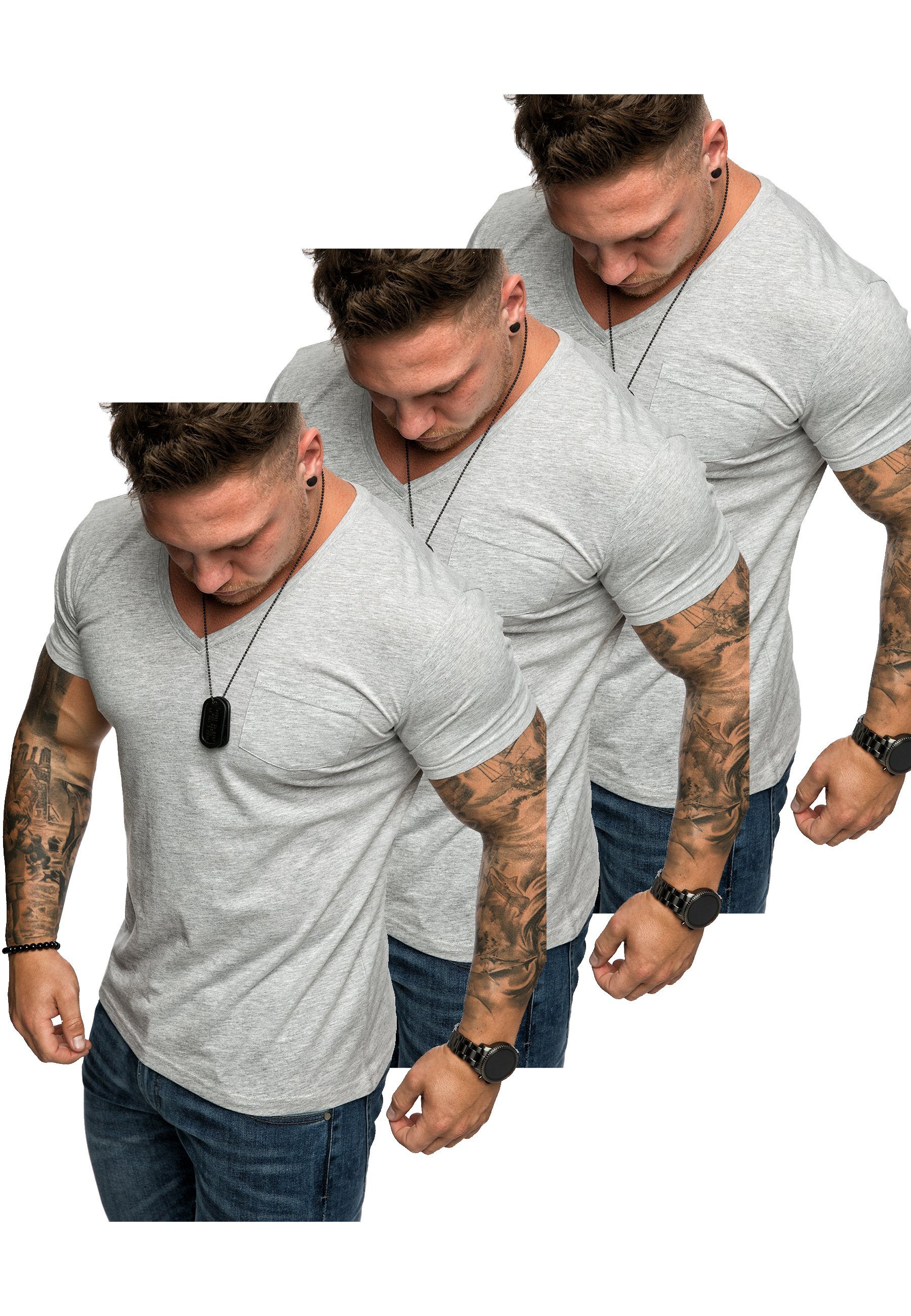 (3x mit Grau) 3er-Pack (3er-Pack) PATERSON 3. Basic T-Shirts T-Shirt T-Shirt V-Ausschnitt Amaci&Sons Oversize Herren Herren