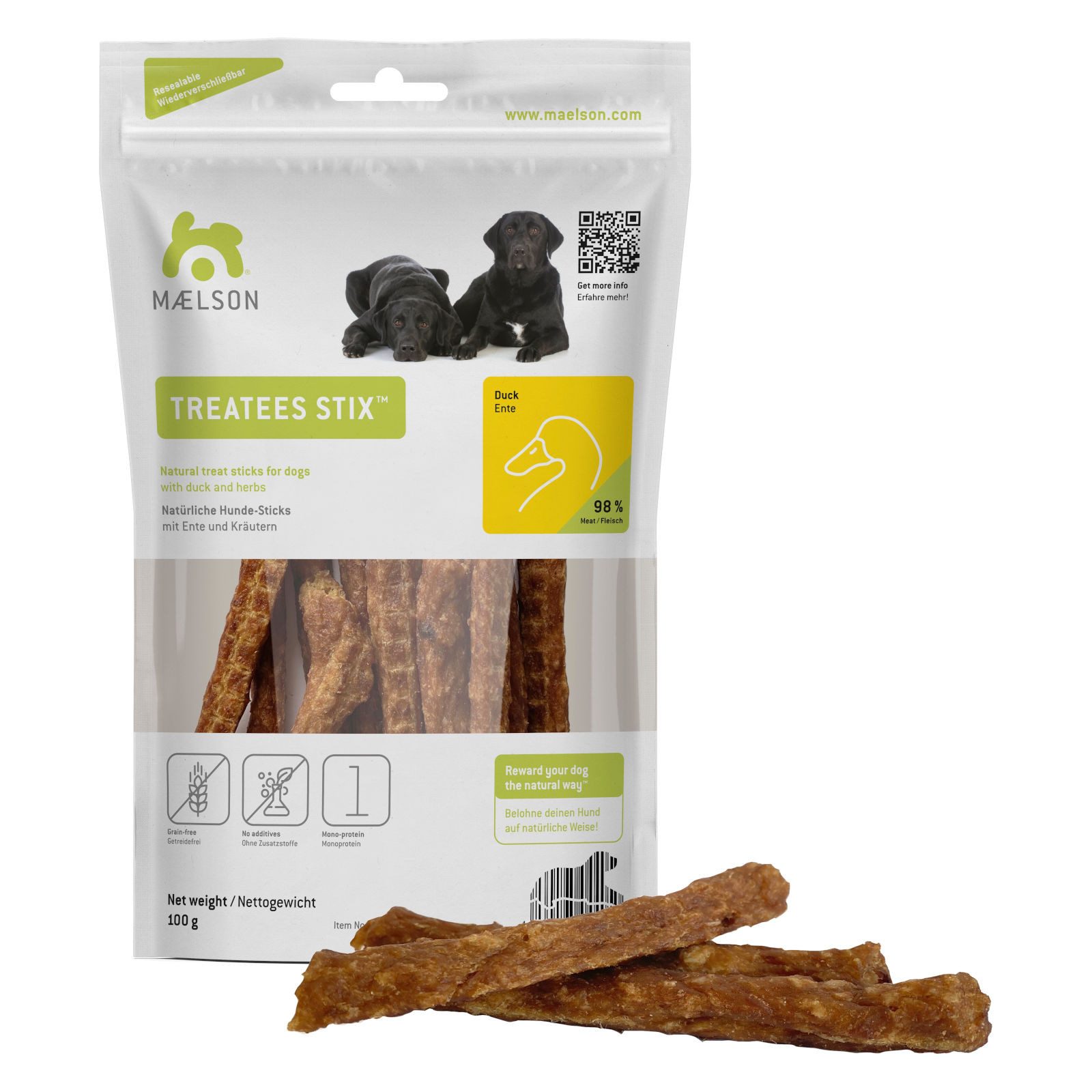 MAELSON Treatees Stix Ente Hundesnack, 100 g, die gesunde Belohnung!, Snack für: Hund