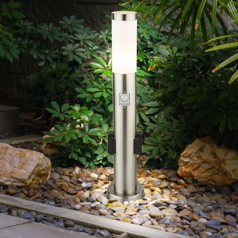 Globo Sockelleuchten, Leuchtmittel nicht inklusive, Stehleuchte Außen Gartenstehlampe Edelstahl E27 Wegeleuchte Garten Silber - Sensor u. Steckdose