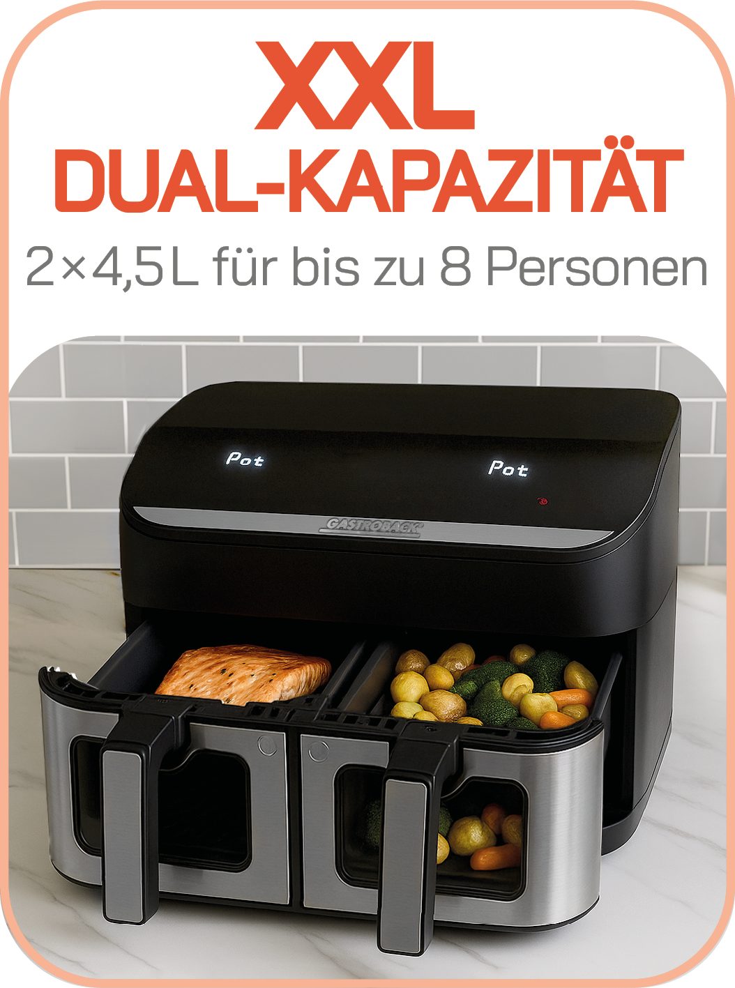 Gastroback Heißluftfritteuse 42586 Multi-Heissluftfritteuse Duo Family 9 L, 2900 W