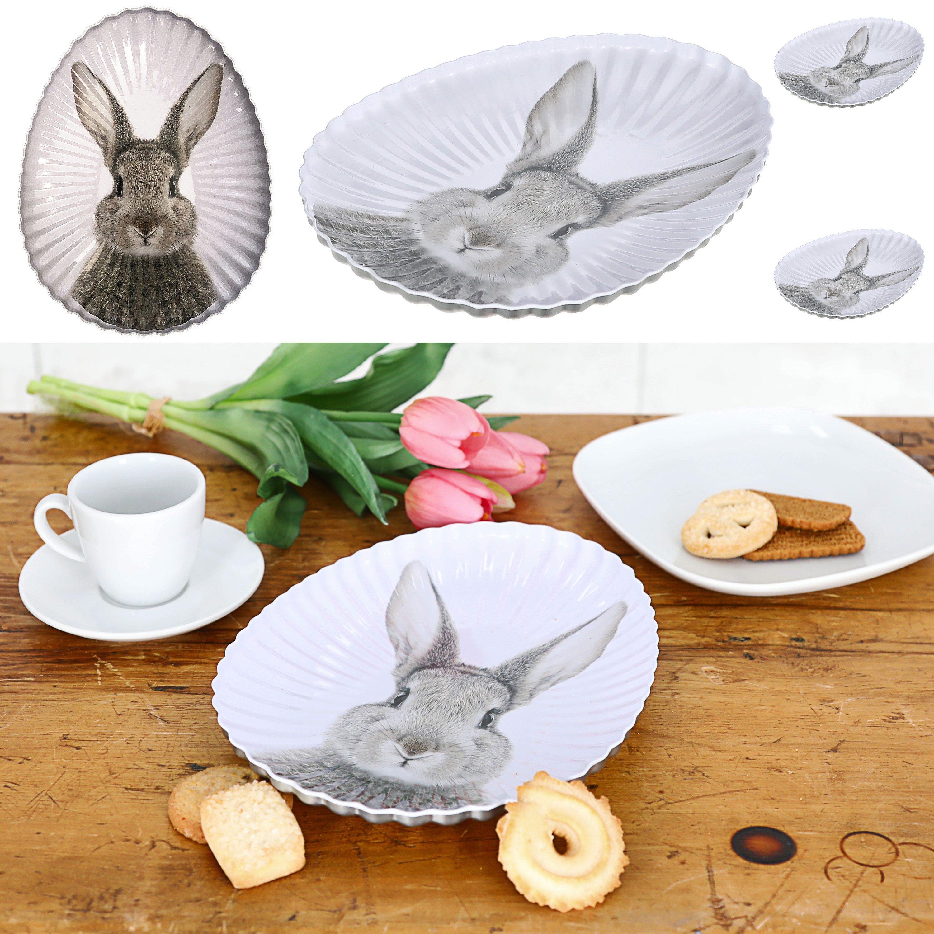 Dekoteller Gebäckteller Hase 4er Set Metall 18x24x2,5cm weiß grau Eiform Ostern