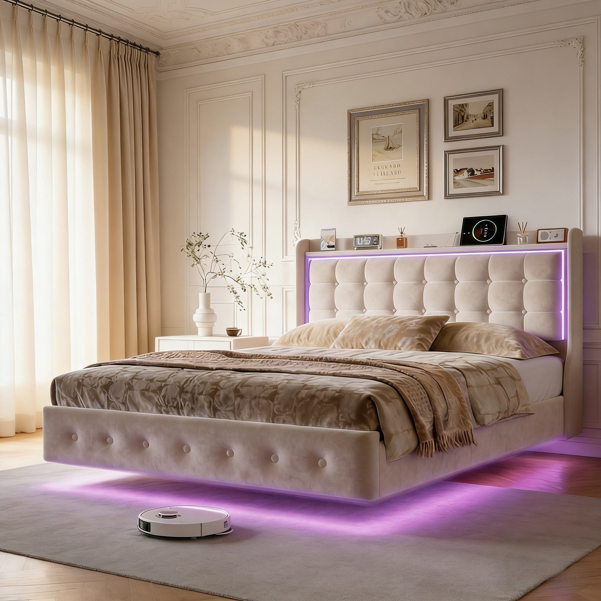 Simurq Polsterbett Stauraumbett LED Doppelbett 160x200 cm (1-tlg., Mit LED-Beleuchtung, Ladefunktion, Samt), Modernes Jugendbett mit Komforthöhe Lattenrost