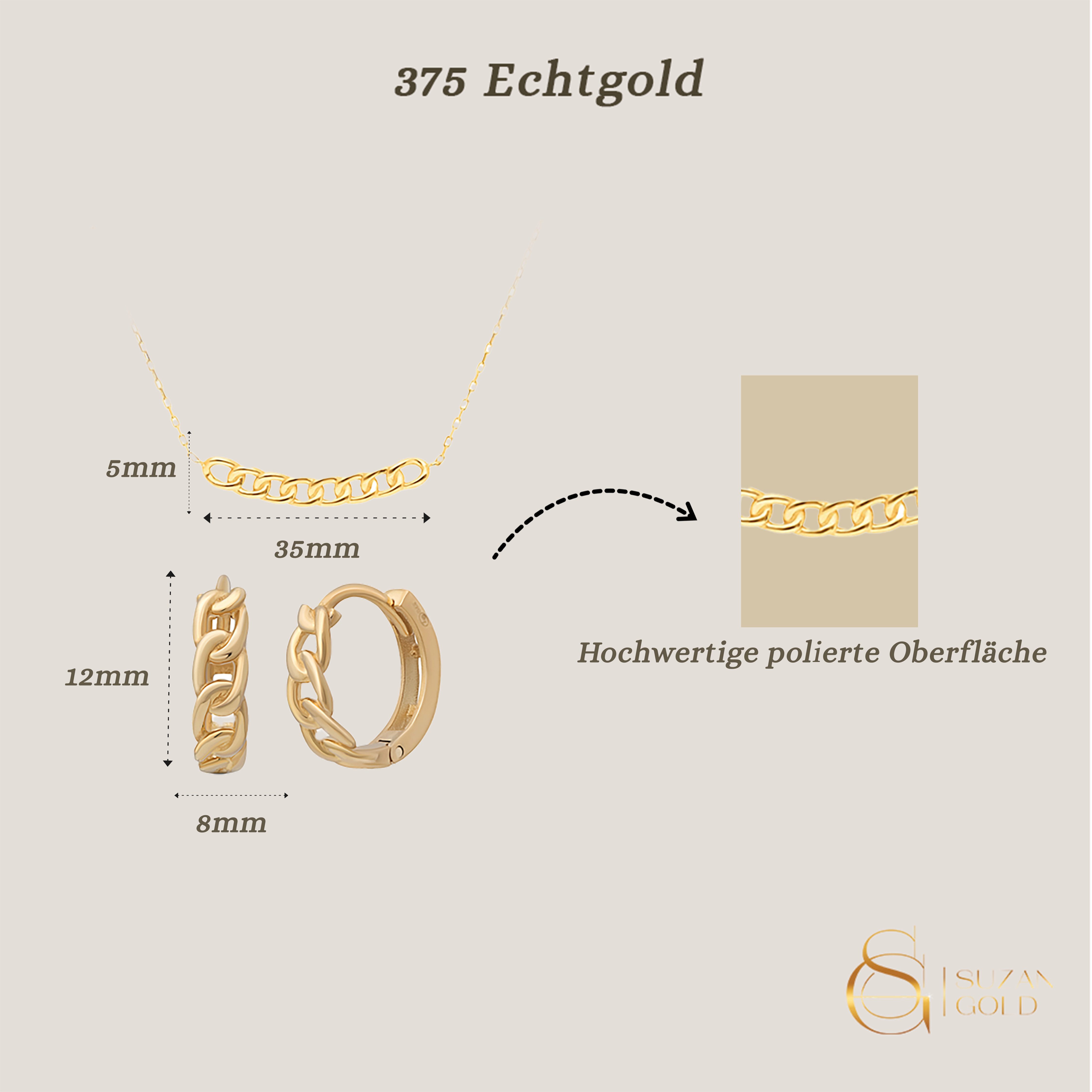 Suzan Gold Schmuckset Echtgold Schmuckset Damen – Curb Kette & Creolen aus günstig online kaufen