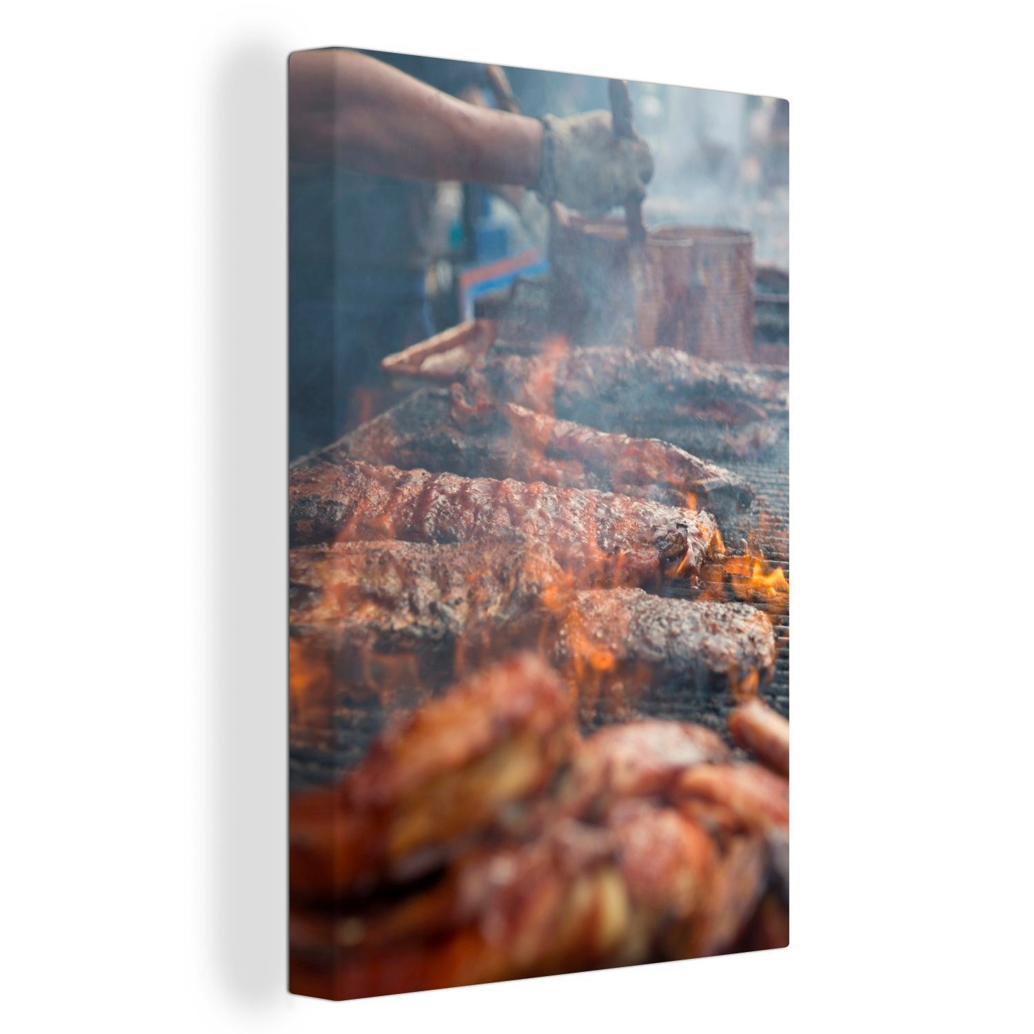 OneMillionCanvasses® Leinwandbild Grillen von Fleisch auf dem Grill, (1 St), Leinwandbild fertig bespannt inkl. Zackenaufhänger, Gemälde, 20x30 cm