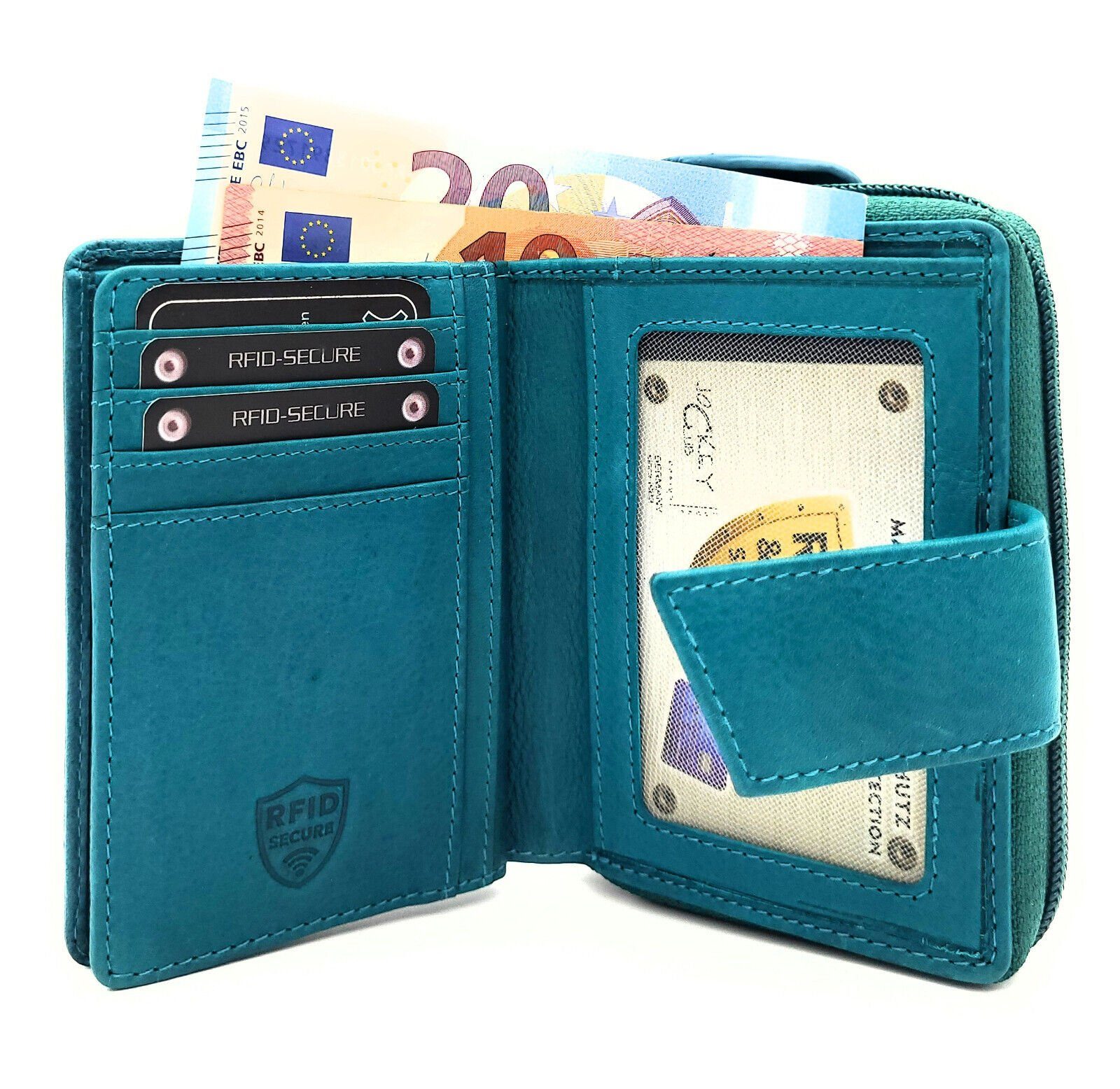 JOCKEY CLUB Geldbörse Platz RFID Karten petrol gewachstes mit zu bis Leder Portemonnaie für Damen Schutz, Rindleder, 19 echt