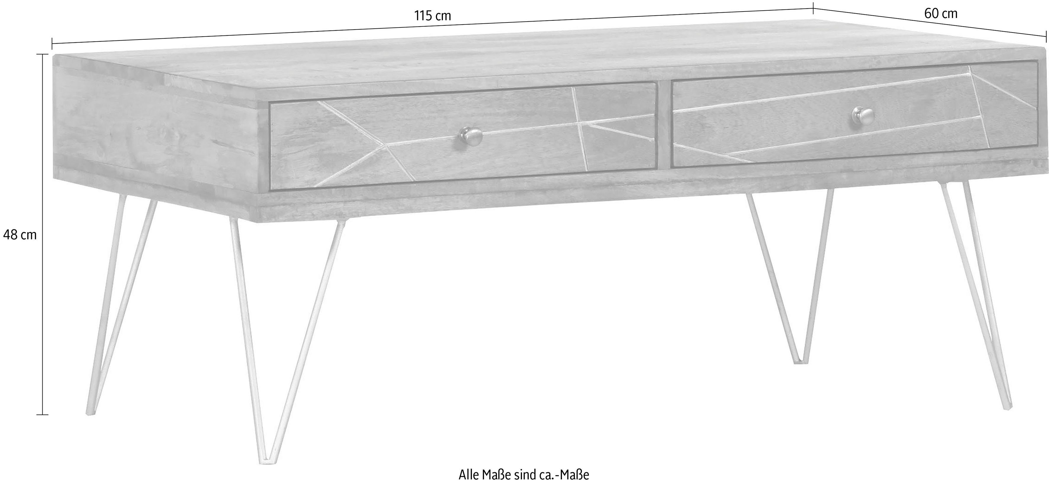 Gutmann Factory Couchtisch Scan, Hairpin Beine, moderner Couchtisch aus Massivholz Mango oder Akazie