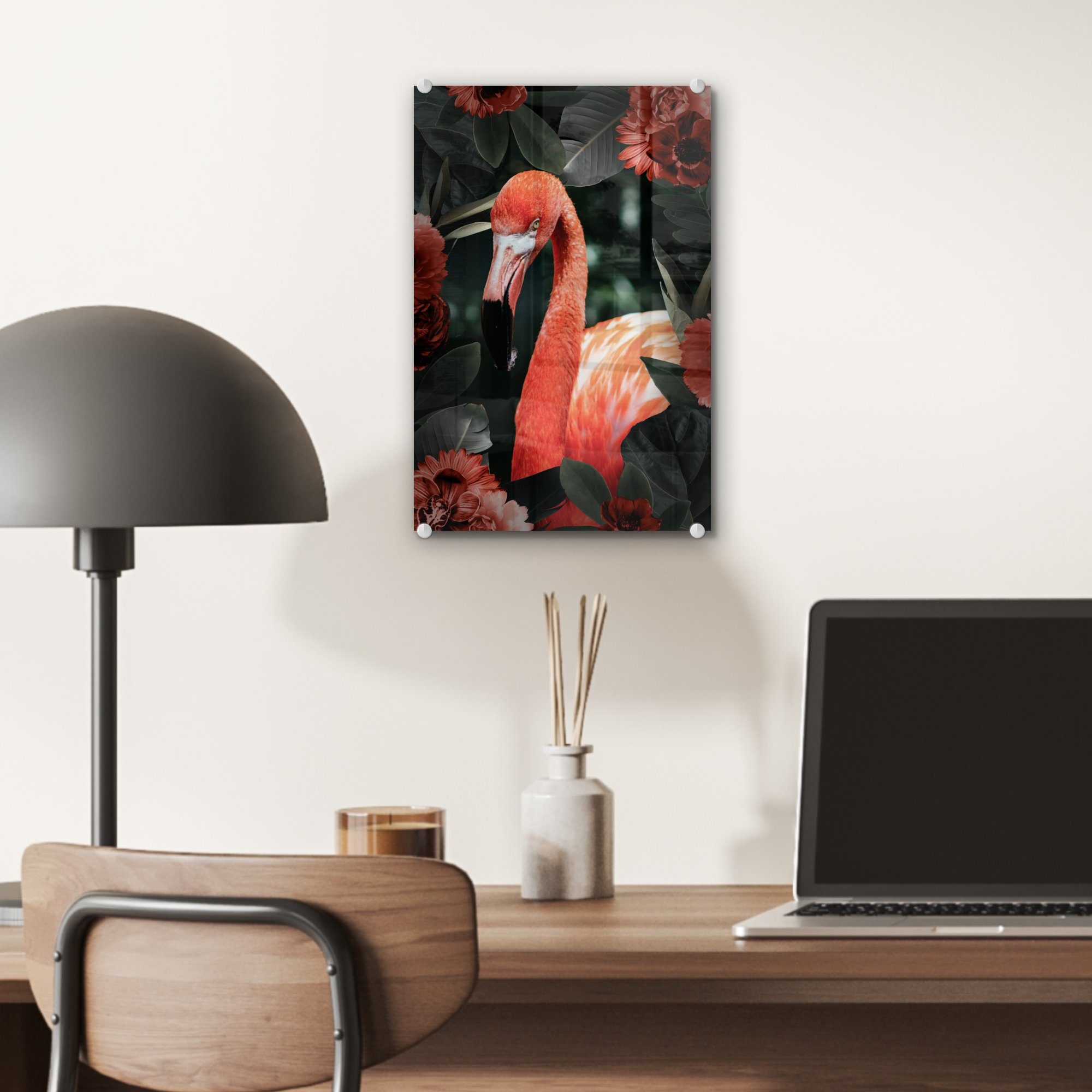 MuchoWow Acrylglasbild Flamingo - (1 auf Blume, - - Glasbilder - St), bunt Wandbild Rot Foto Wanddekoration Glas - auf Glas Bilder