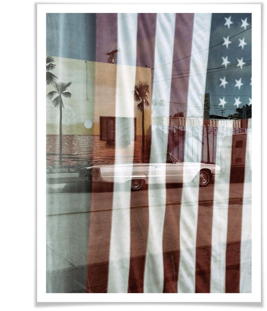 Wall-Art Poster Flagge Amerika Reflection USA, Autos (1 St), Poster, Wandbild, Bild, Wandposter | Poster