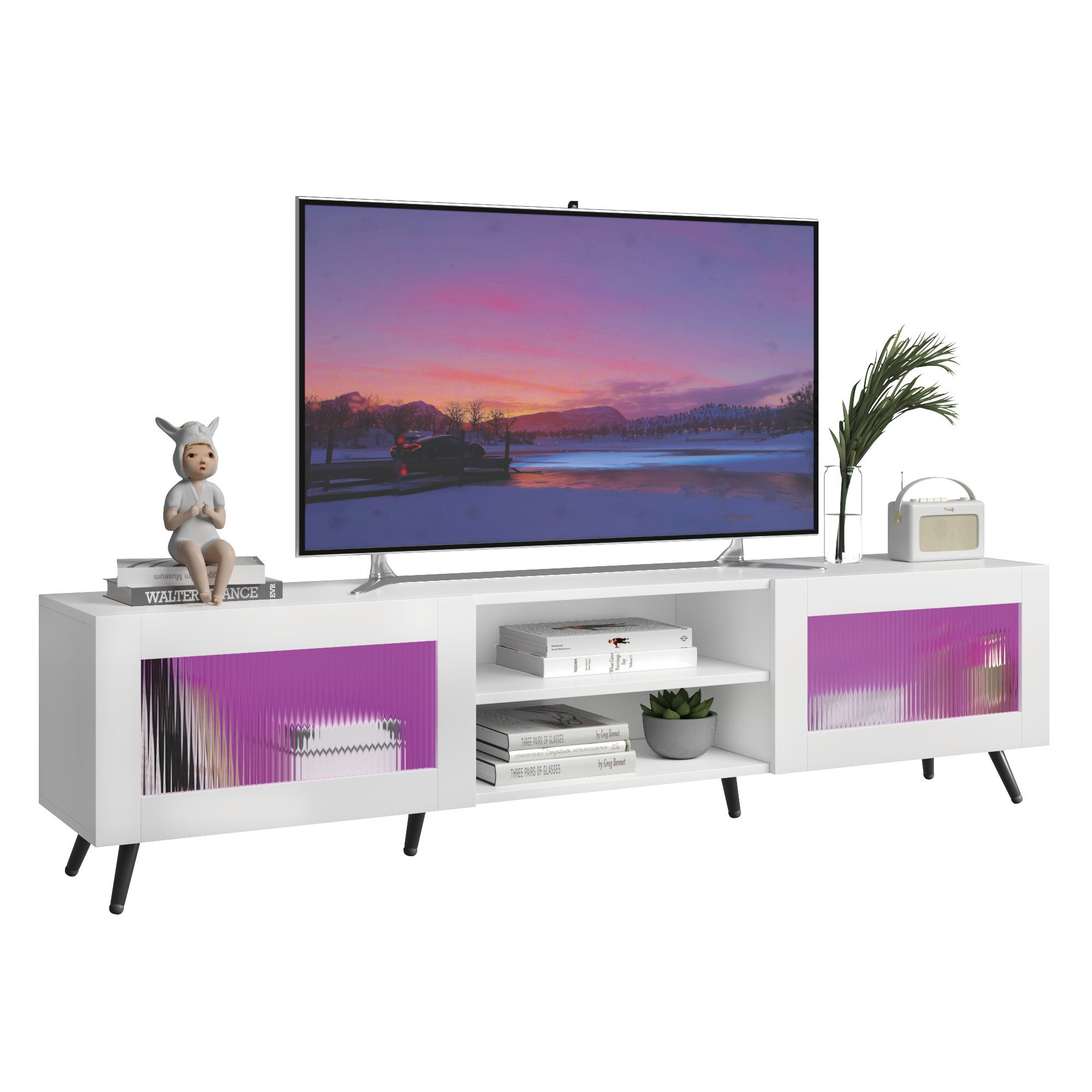 radelldar Lowboard mit LED-Beleuchtung und 2 Acryltüren, 160 x 29 x 40cm (1 St), TV-Schrank für Fernseher bis 70 Zoll