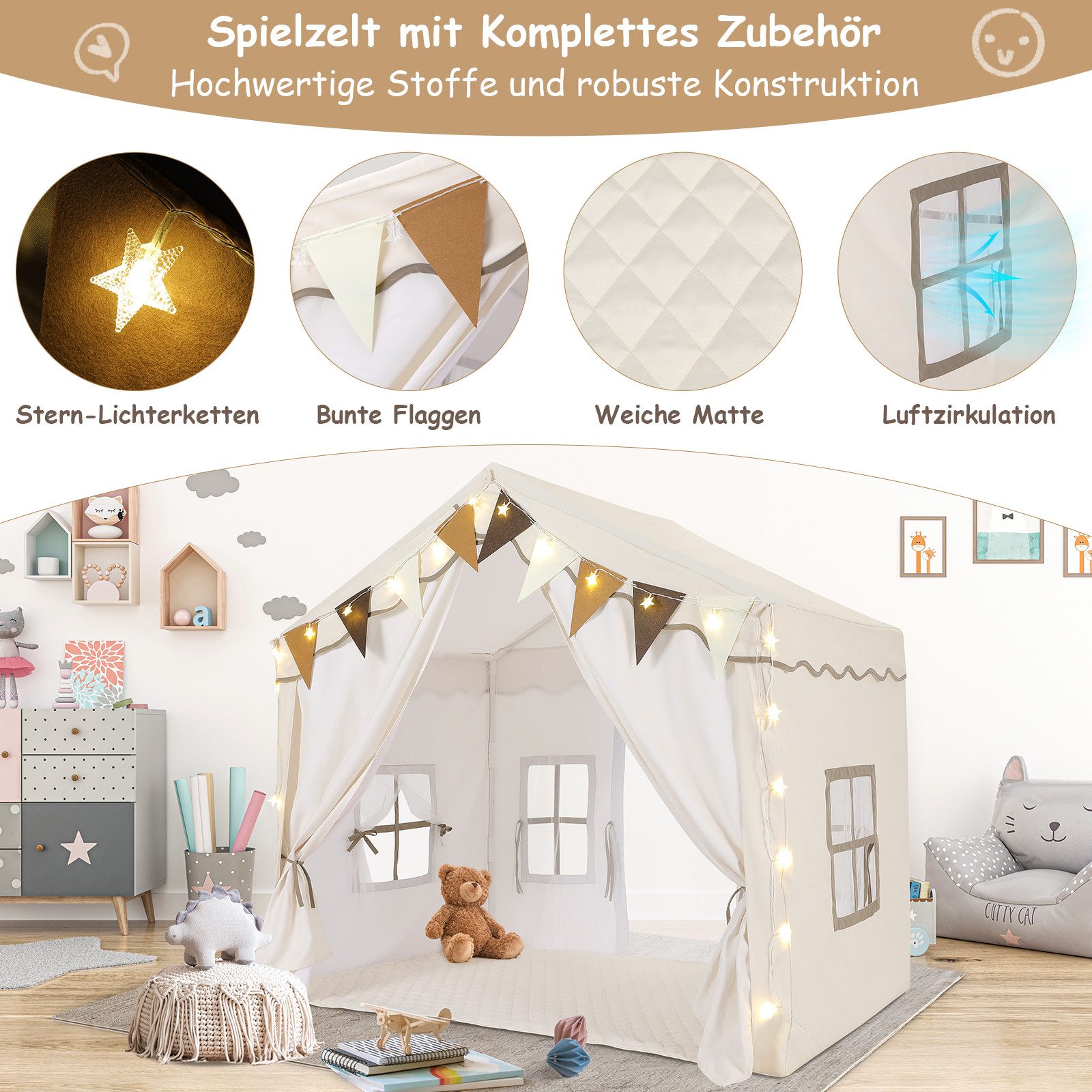 TLGREEN Spielzelt Kinderzelt für Drinnen,Kinder Spielhaus mit Matte & Lichtern Zelt Kinderzimmer, 136x95x133 cm