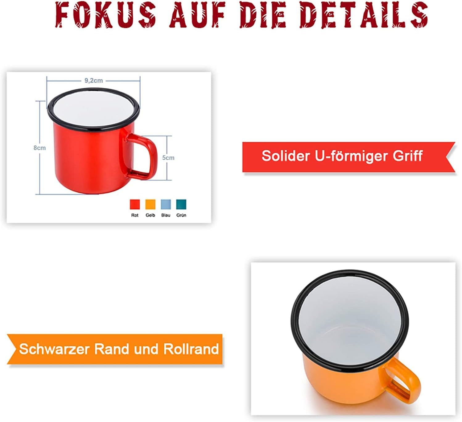 FELIXLEO Geschirrständer Emaille Tasse 4er Set 350ml Kaffee Tee Trinkbecher Bunt