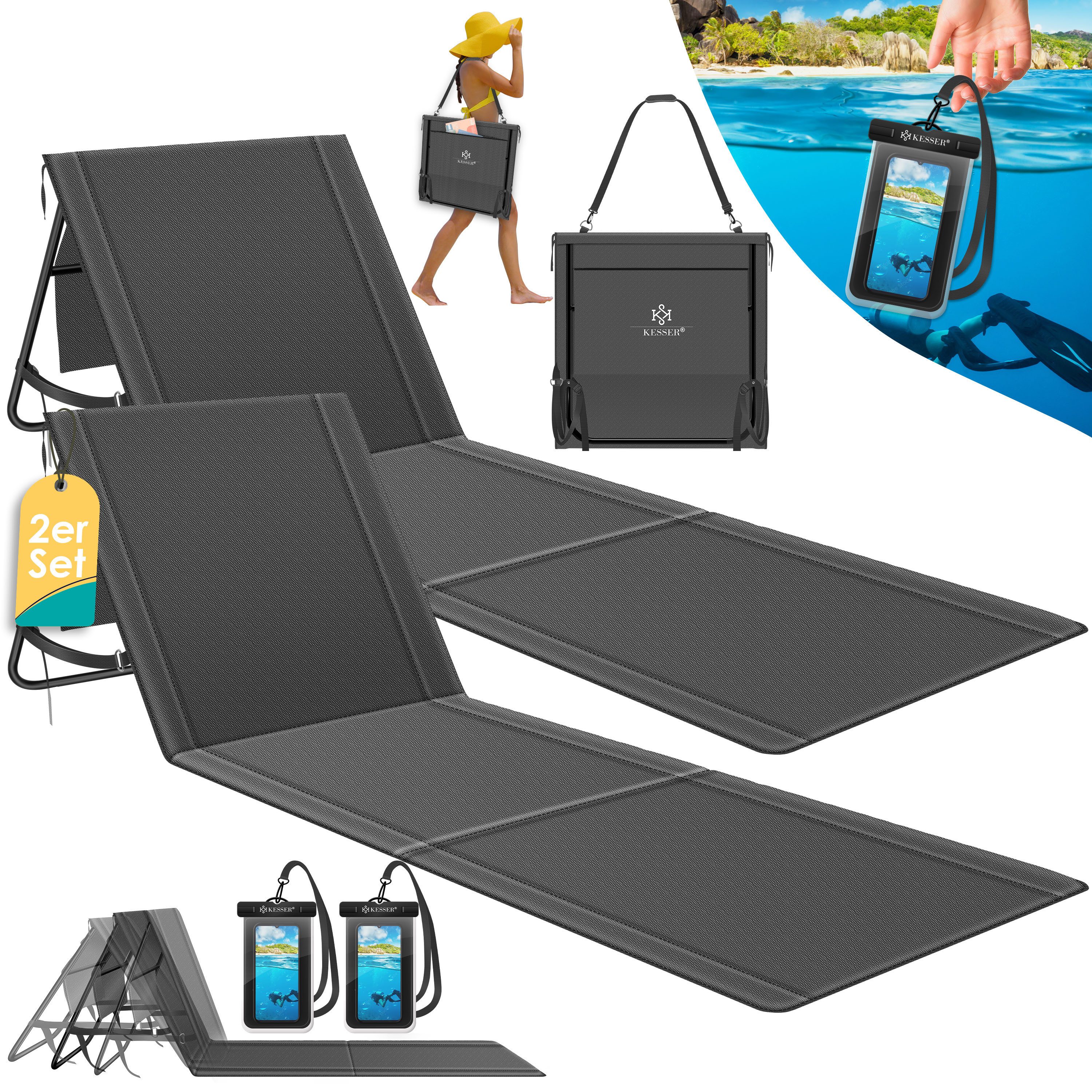 KESSER Gartenliege Strandmatte klappbar mit verstellbarer Rückenlehne max. 130 kg, 2 St., Strandliege mit Tragegurt, wasserdichter Handyhülle & Tragetasche, Sonnenliege faltbar für Strand, Garten & Terrasse Liegematte