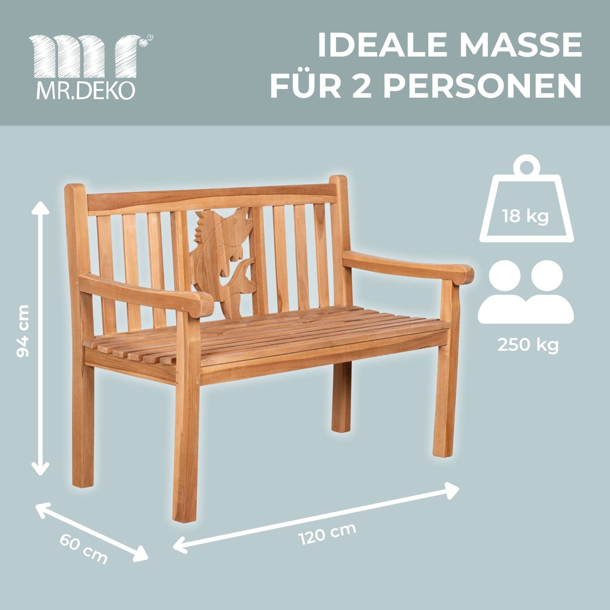 MR.DEKO Gartenbank Fisch-Motiv in der Lehne, wetterfest, Ruhe & Küstenliebe (2-Sitzer Bank, zerlegt geliefert, ideal für Terrasse, 1-St), Massive Sitzbank Garten und Balkon, 250 kg belastbar