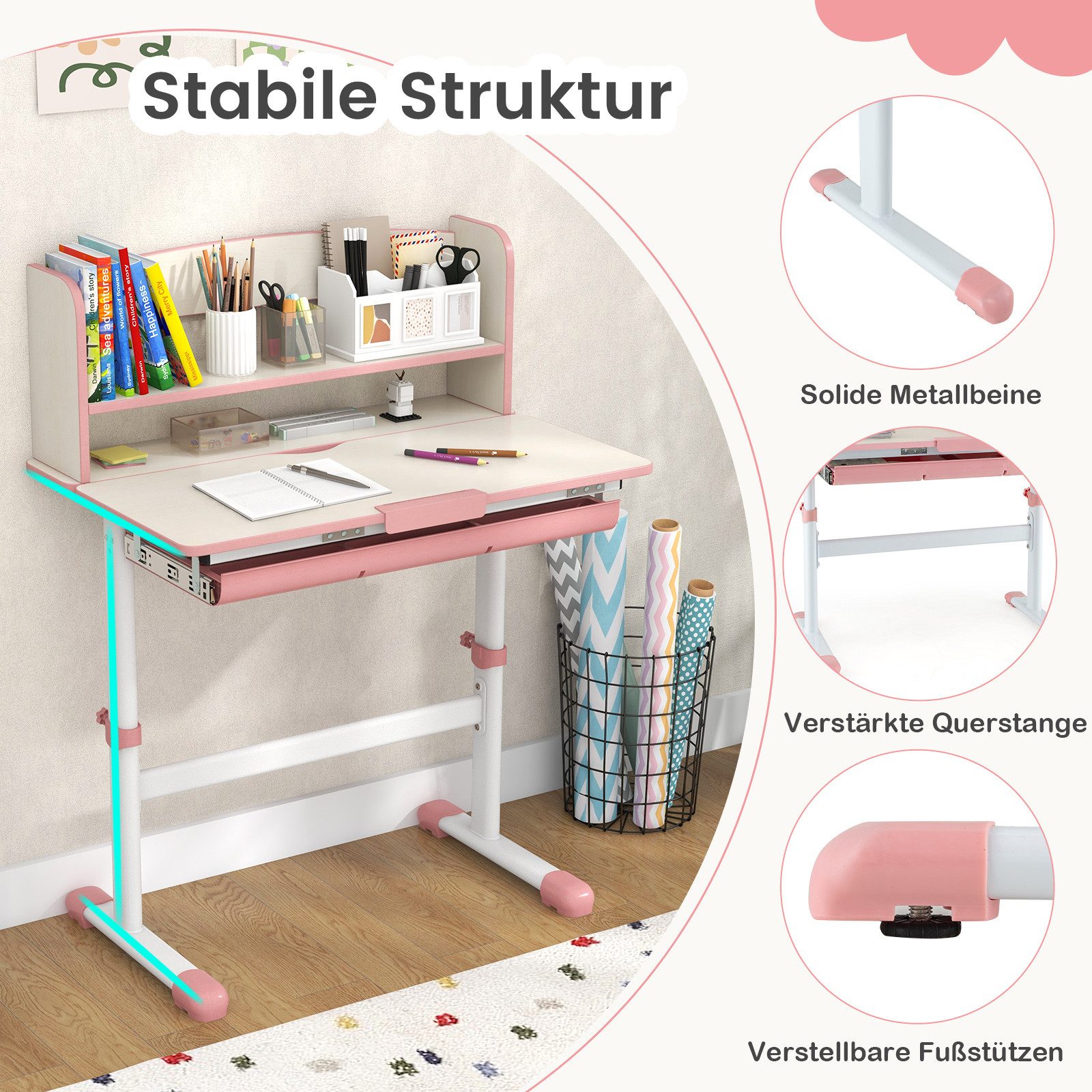 COSTWAY Kinderschreibtisch, höhenverstellbar, neigbarer mit Bücherregal, günstig online kaufen