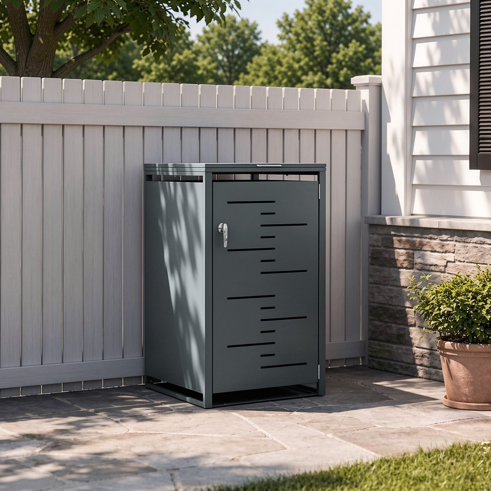 SoBuy Mülltonnenbox OGS63, 240l abschließbar, Gasdruckfeder (1er Set), Wetterfeste Metallbox mit Schwingtür und Kette für Außenbereich