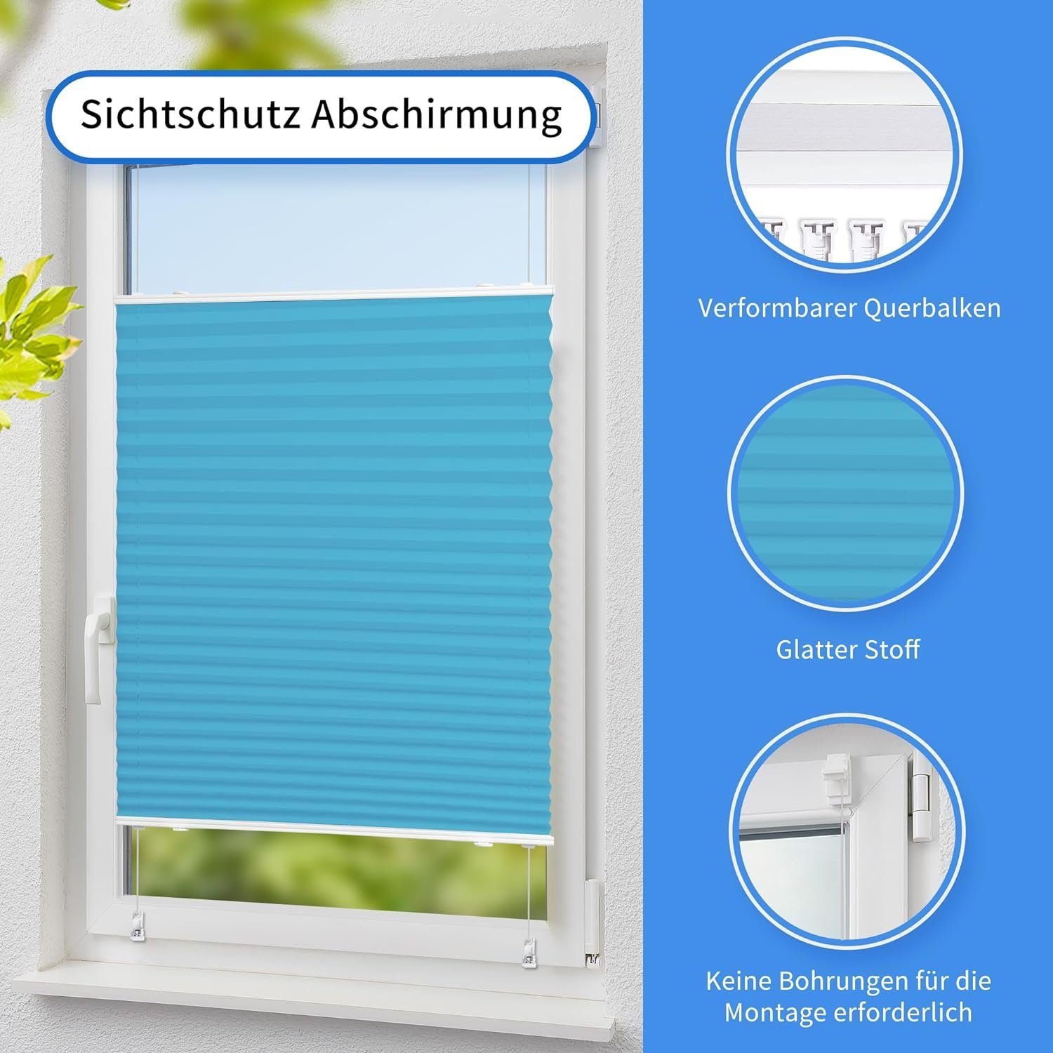 Jalousie Plissee Tür, Blau Klemmfix, Lichtschutz, verspannt, einfach & Faltrollo Ohne Fenster für Klemmträger,Easyfix, OUBO, Bohren, Montage