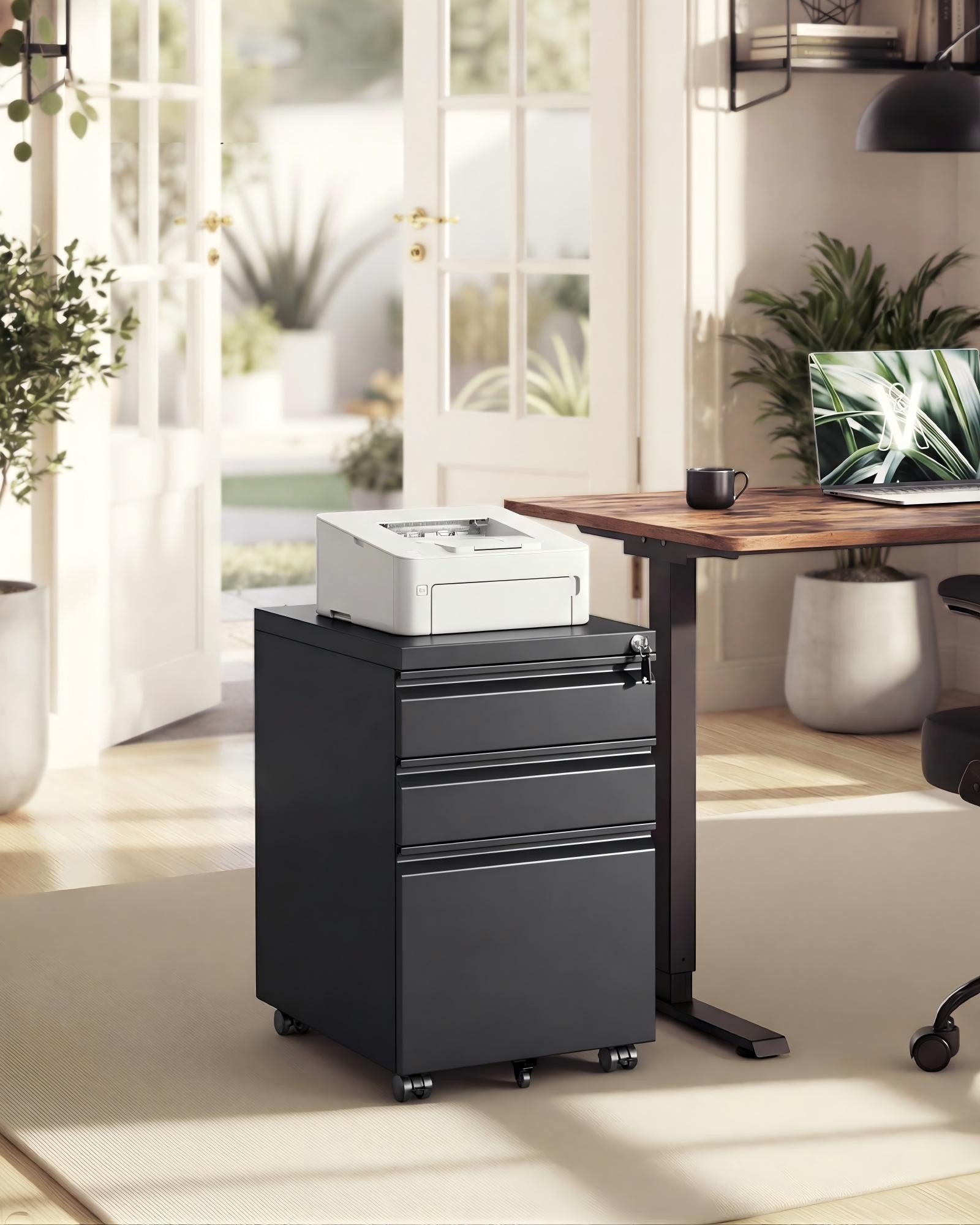 SONGMICS Rollcontainer Aktenschrank mit 3 Schubladen, Metallschrank, Stahl, abschließbar, Druckerständer, für Homeoffice, Büro