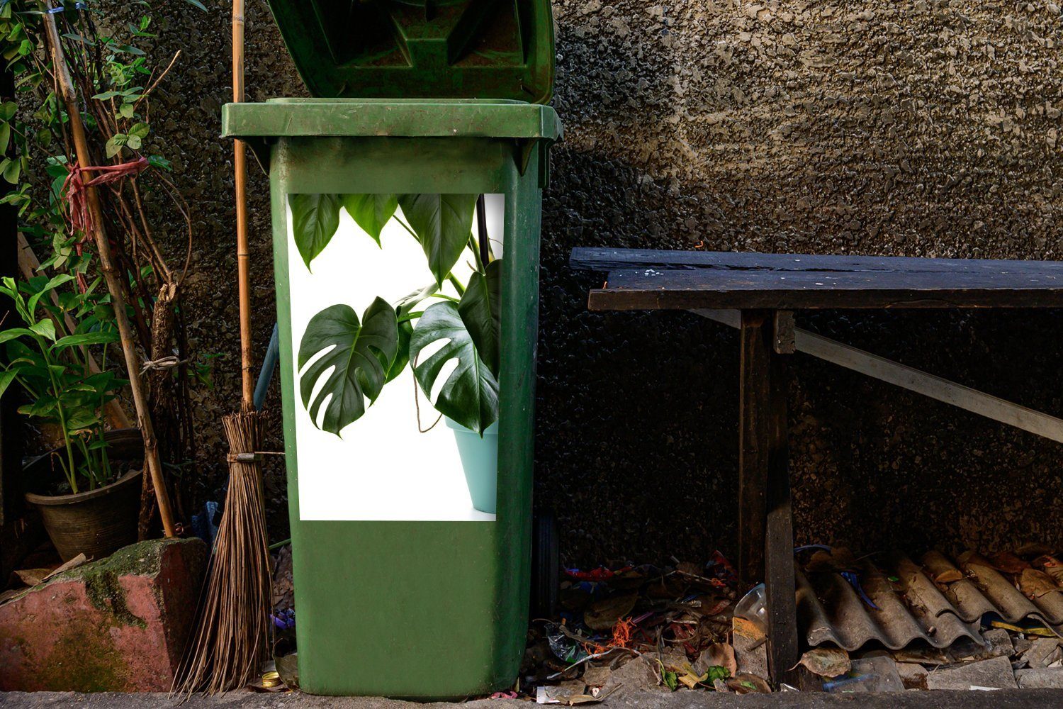 St), (1 Abfalbehälter Topf Mülltonne, Container, MuchoWow im Sticker, Wandsticker Mülleimer-aufkleber, Monsterpflanze