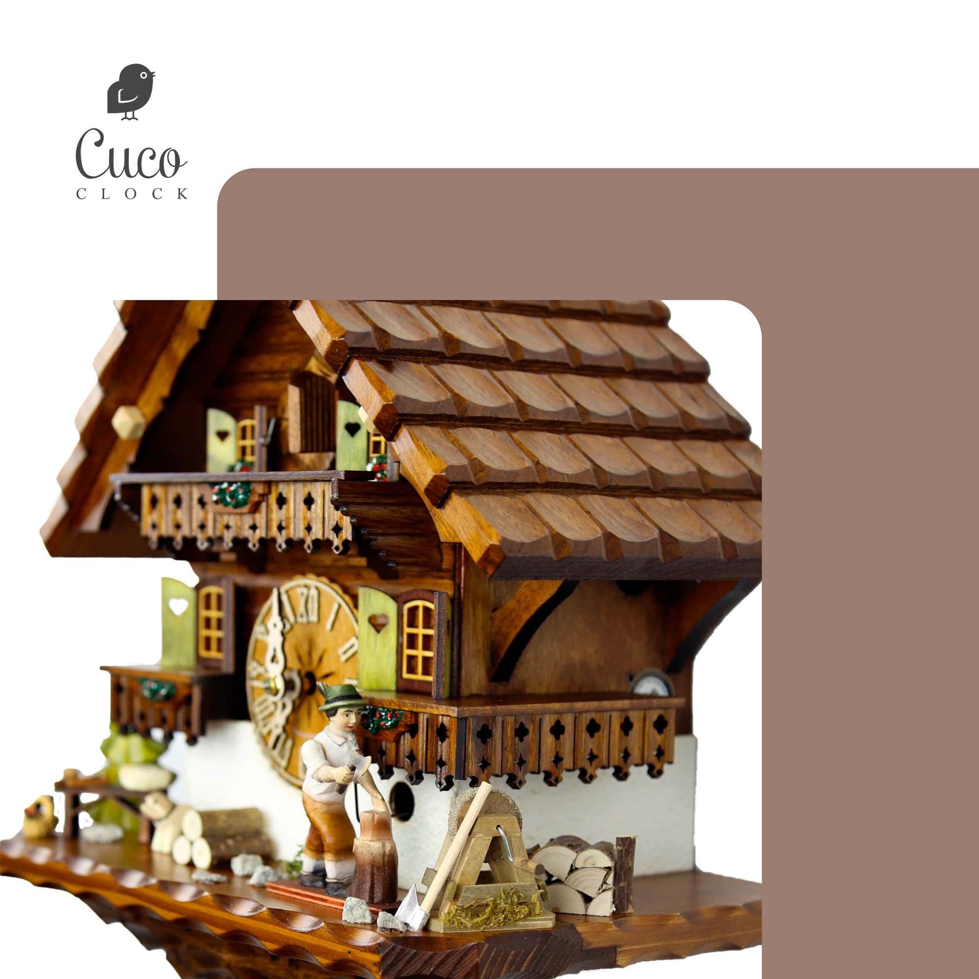 Cuco Clock Pendelwanduhr Kuckucksuhr Schwarzwalduhr "Holzhacker" mit Hund Wanduhr aus Holz (17 x 30 x 32cm, 8 - Tage Werk, manuelle Nachtabschaltung)