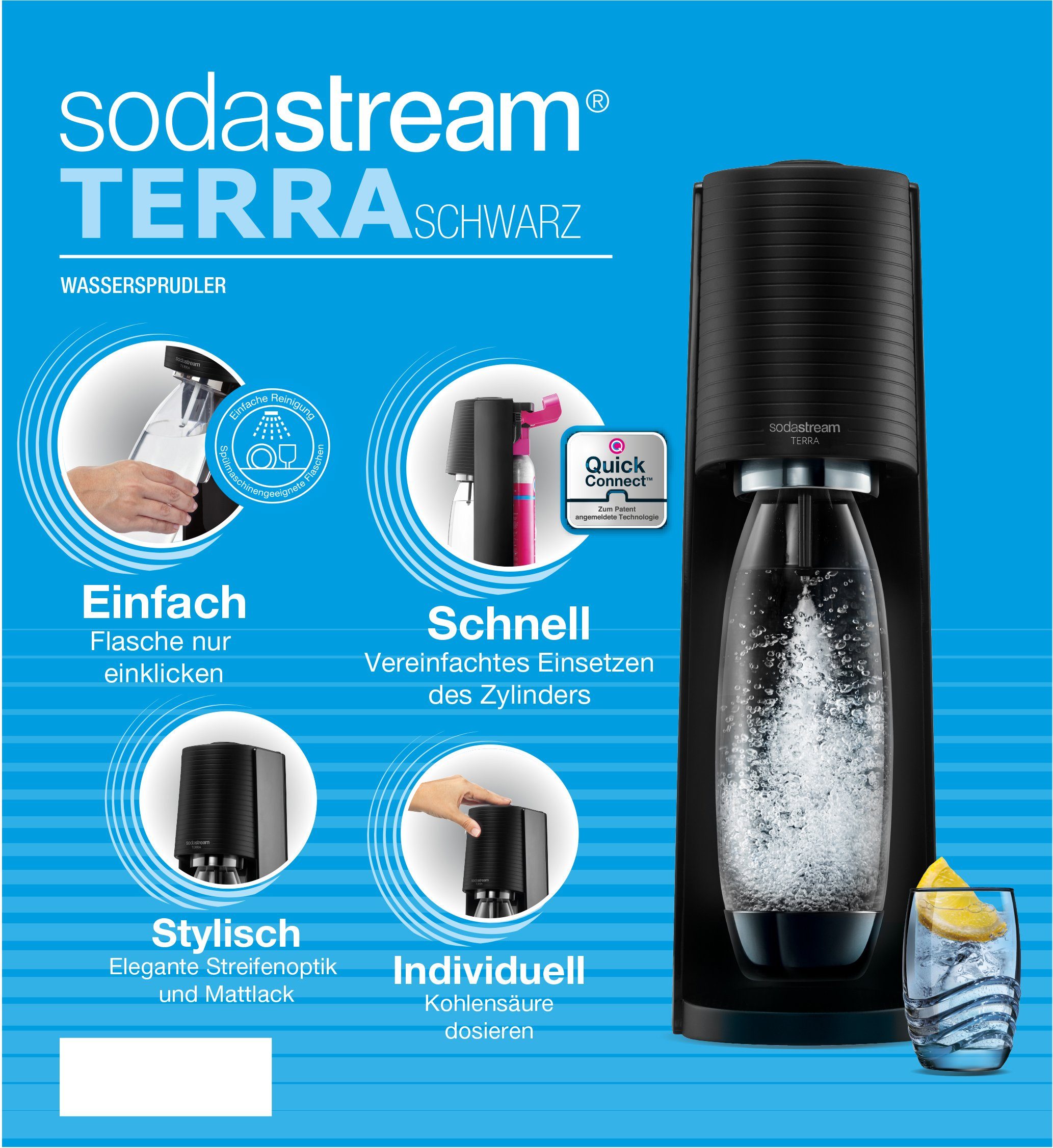 SodaStream Wassersprudler TERRA, inkl. 1x CQC, Kunststoff-Flasche 1x 1L schwarz CO2-Zylinder spülmaschinenfeste