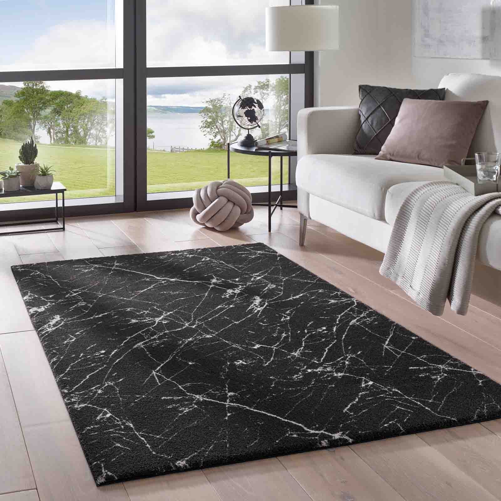 Teppich Supersoft Kurzflorteppich Valetta schwarz mm, Marmor, weiß marmoriert rund, Höhe: Badezimmer TaraCarpet, modern waschbar 080x080 Schlafzimmer Wohnzimmer 19