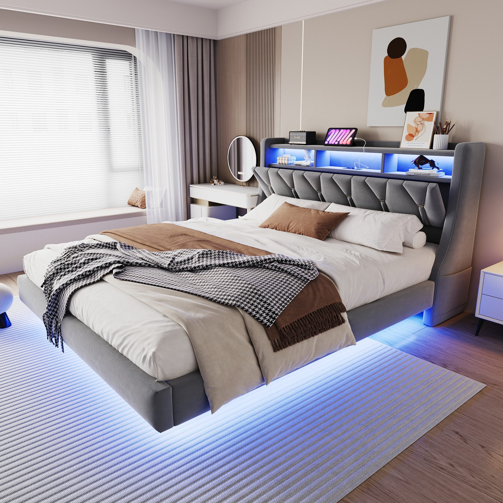 Flieks Polsterbett, Doppelbett 180x200cm mit Stauraum-Kopfteil, Aufladen, LED-Beleuchtung