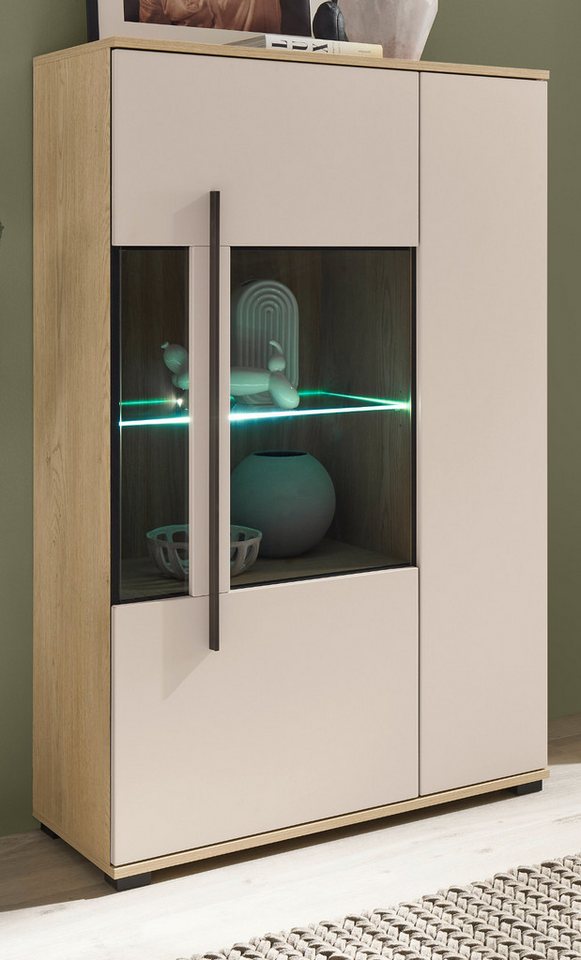 Furn.Design Highboard Design-D (Vitrinenschrank in Kaschmir / Sand und Eiche, 2-türig, 90 x 140 cm), mit viel Stauraum