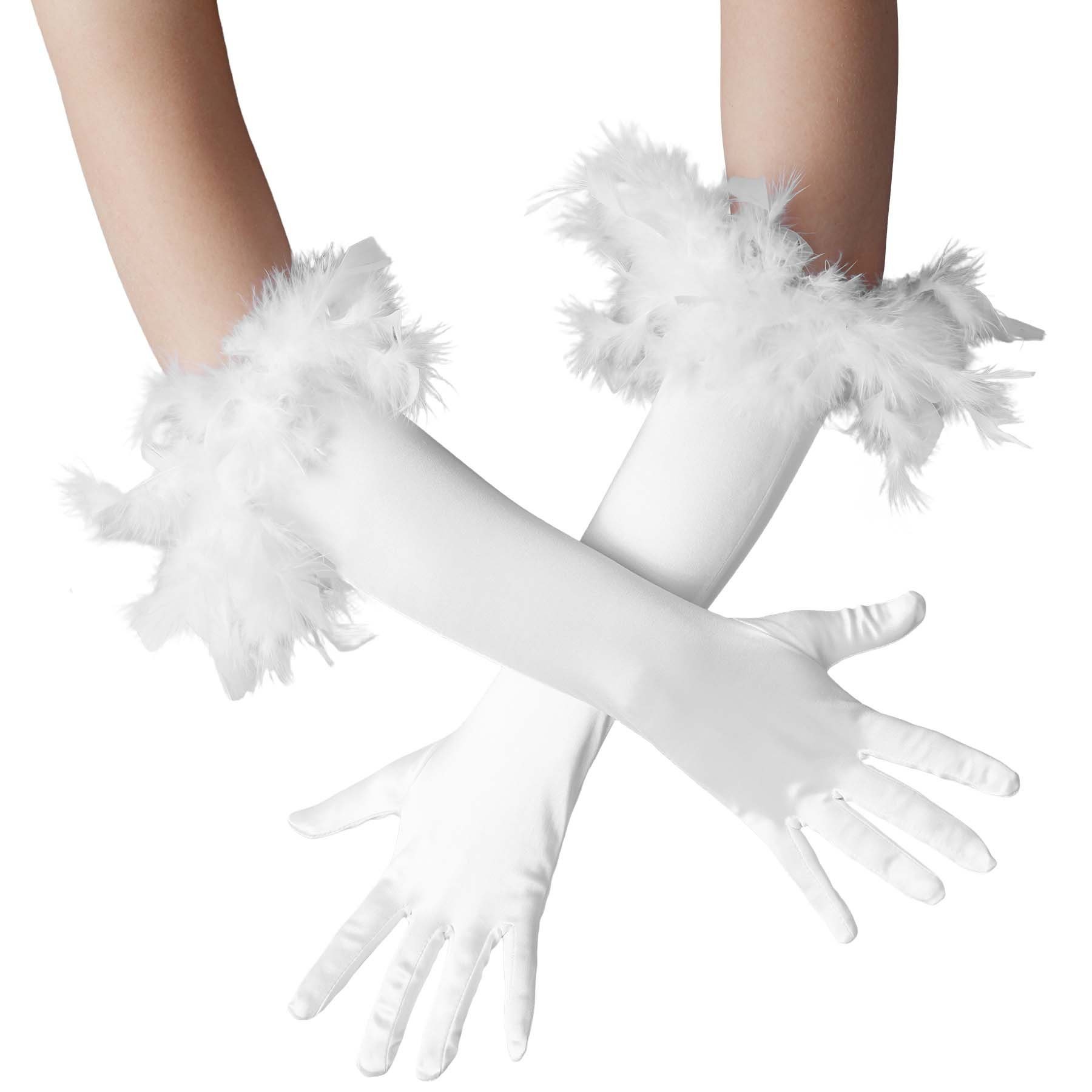 dressforfun Kostüm Lange Satin-Handschuhe mit Federn, Edle Satin-Handschuhe in Einheitsgröße