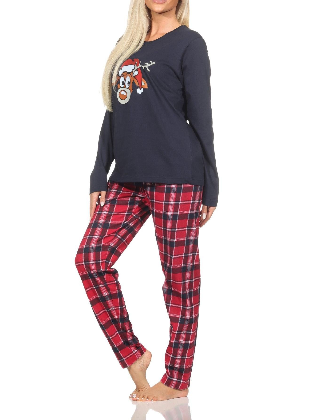 Normann Pyjama Damen Weihnachts Schlafanzug Pyjama mit lustigen Renntier Motiv