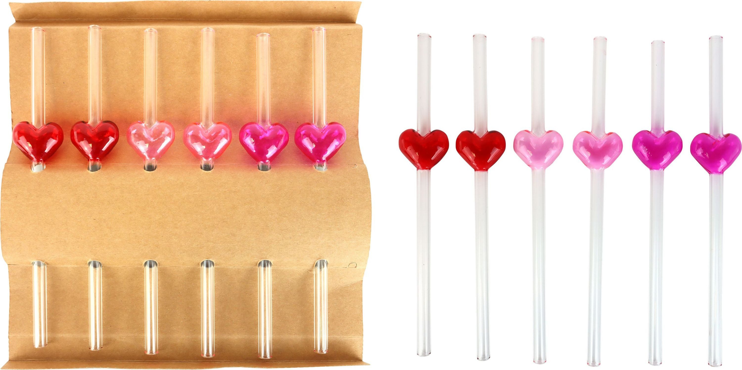 FURNARO Trinkhalme Happy Hearts, (6-tlg., Set), 6-teilig, Herzmotiv, Glas, Box: 21 x 22 x 2 / Strohhalm: 21 cm