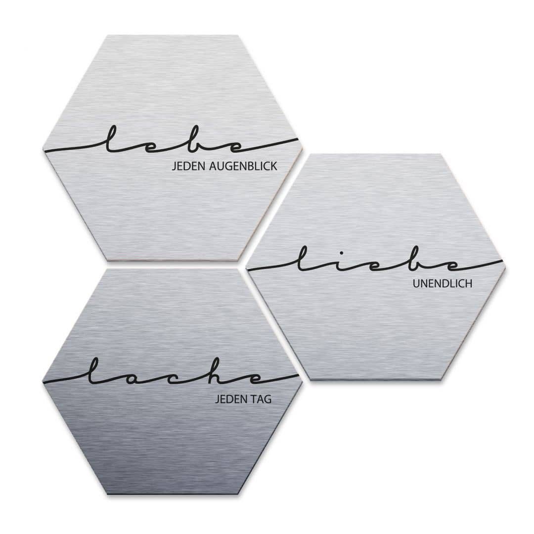 K&L Wall Art Alu-Dibond-Druck Alu-Dibond Плакат Silber Metalloptik Lebe Lache Liebe 3er Set, Aluminium Wandbild modern
