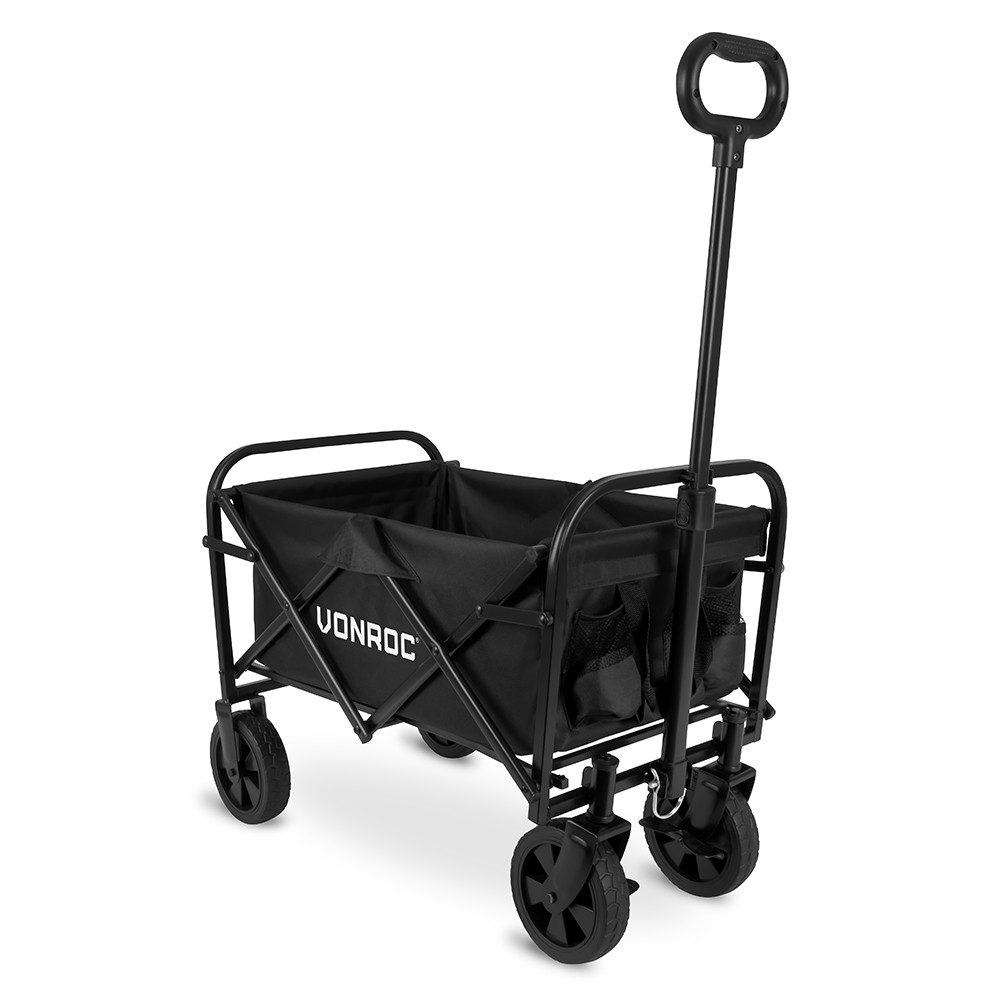 VONROC Bollerwagen,Klappbarer Handwagen (für Garten und Strand, – kompakt, 60 kg Tragkraft, 50 l Fassungsvermögen), pannensichere Räder, Stahlrahmen, zusammenklappbar mit Tasche, schwarz von VONROC
