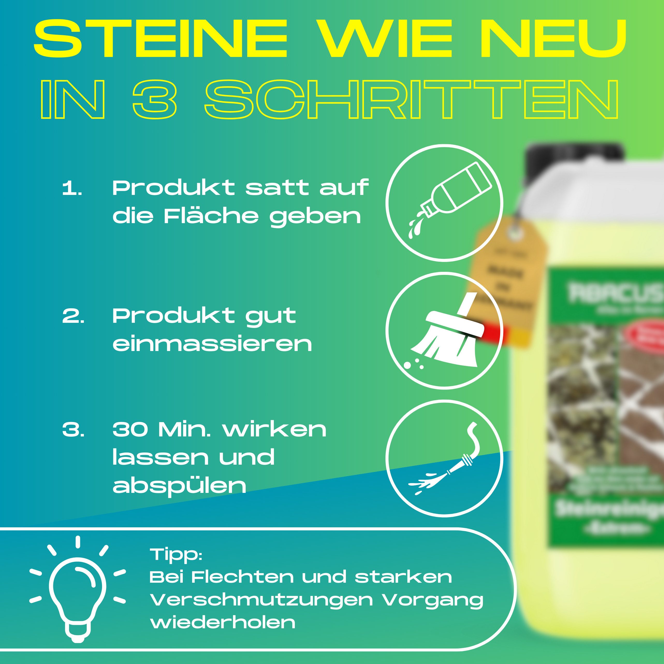 ABACUS Steinreiniger Extrem, Flechtenentferner, Steinreiniger Intensiv außen Grünbelagentferner (Entfernt sofort Algen, Schmutz, Grünbelag und Flechten, [- 15L Steinreiniger Extrem mit Sofortwirkung)